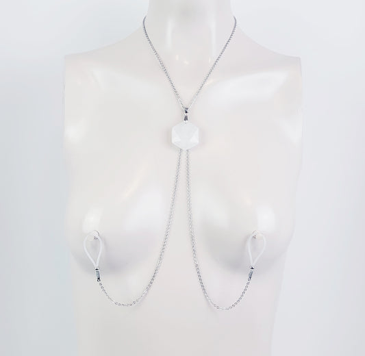 Crystal Necklace to Nipple, Stainless Steel with Quartz Crystal and Non Piercing Nipple Nooses or Clamps