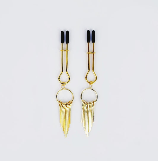 Straight Tweezer Nipple Clamps, Gold, with Dangles.