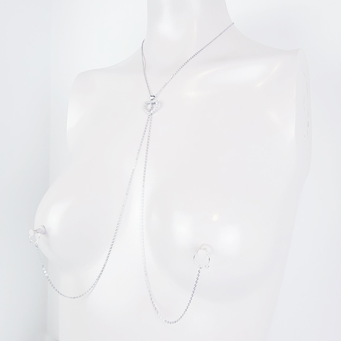 Stainless Steel Day to Evening Collar with Sparkling Heart for BDSM Submissive. Gold or Silver, with Non Piercing Nipple Chains.