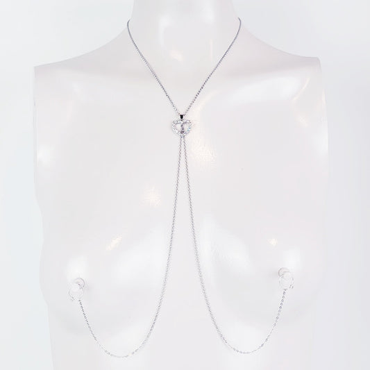 Stainless Steel Day to Evening Collar with Sparkling Heart for BDSM Submissive. Gold or Silver, with Non Piercing Nipple Chains.