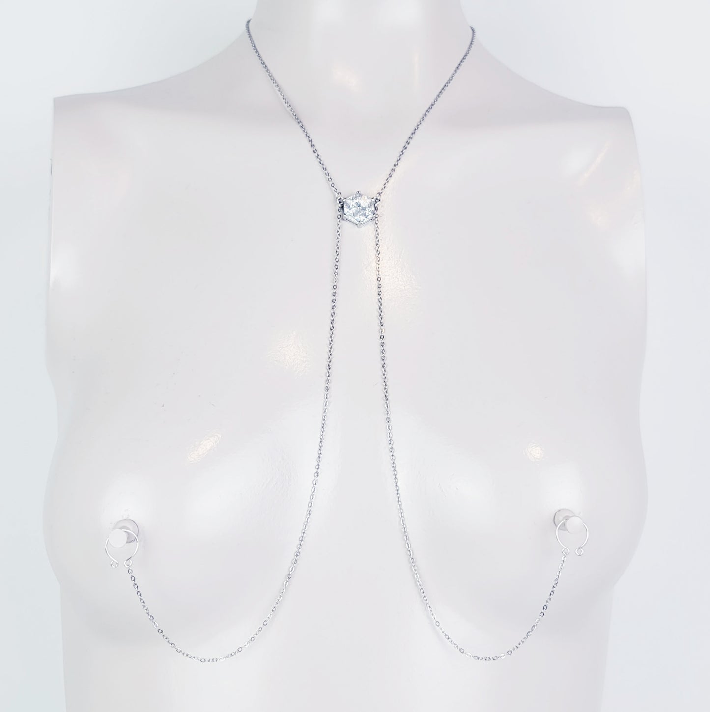 Stainless Steel Necklace to Nipple with Cubic Zirconia Pendant. Non-Piercing or with Pierced Nipples. BDSM Nipple Clamp Option.
