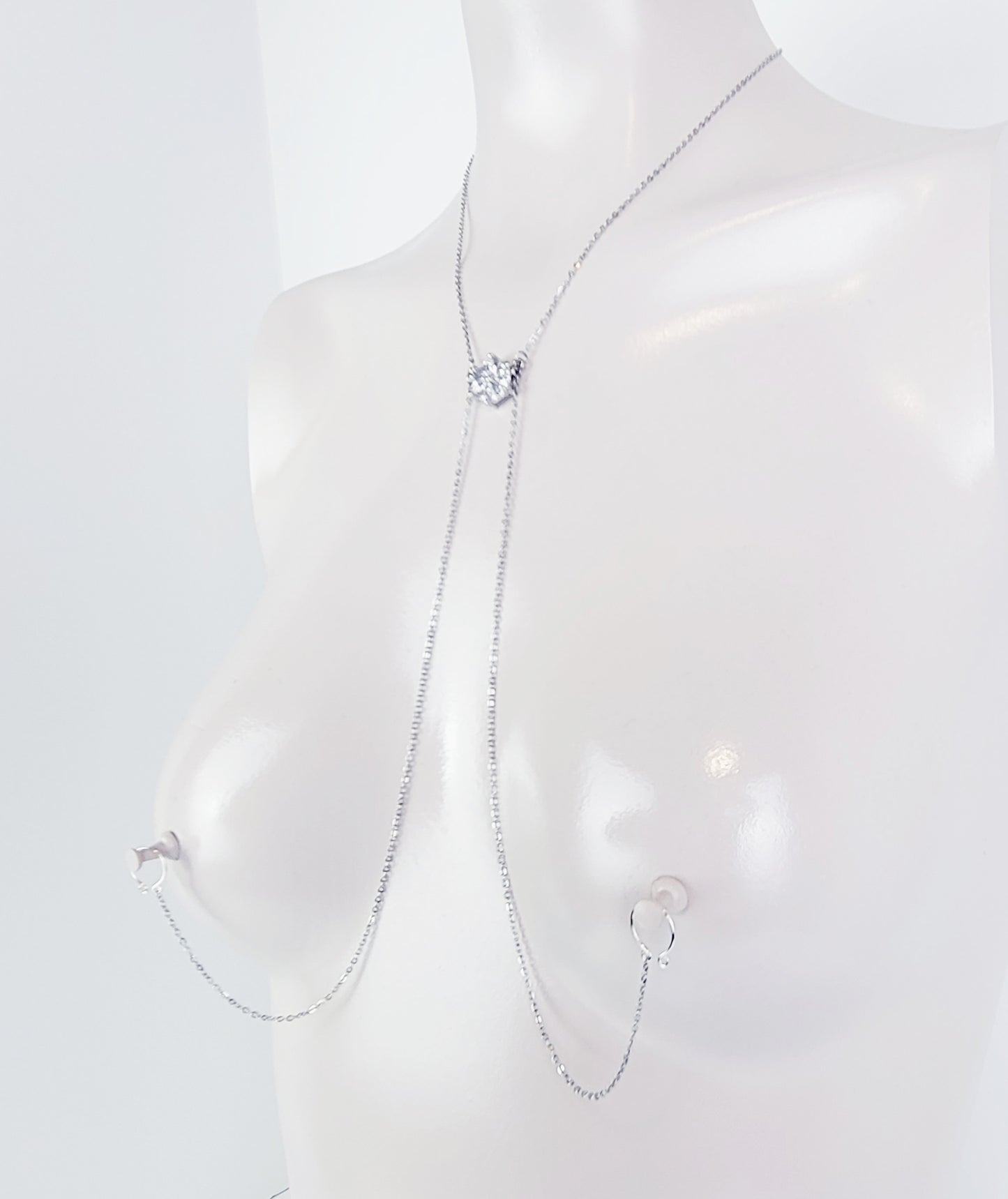 Stainless Steel Necklace to Nipple with Cubic Zirconia Pendant. Non-Piercing or with Pierced Nipples. BDSM Nipple Clamp Option.