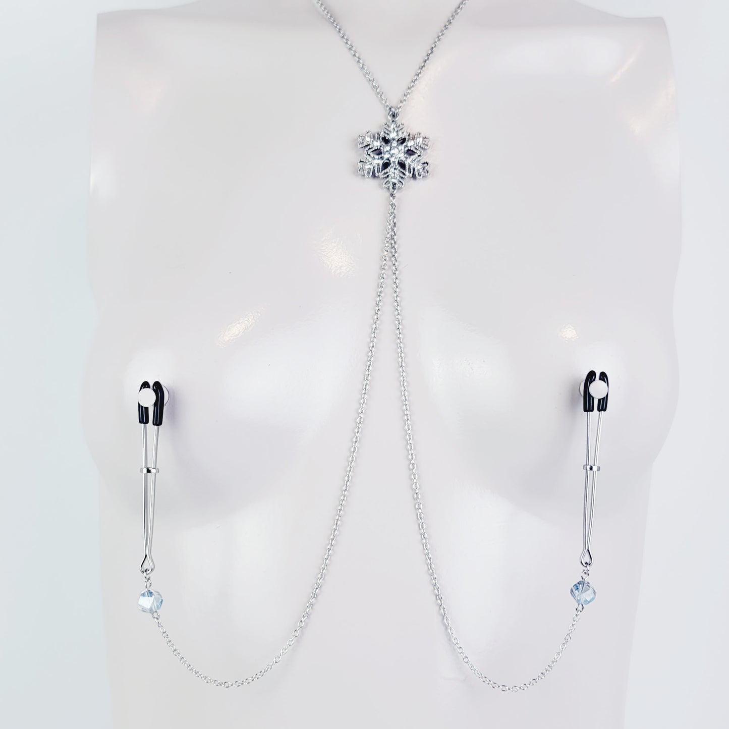 Snowflake Necklace to Nipple with Non Piercing Nipple Nooses or Your Choice of Nipple Clamps ( Tweezer Clamps shown). MATURE, BDSM