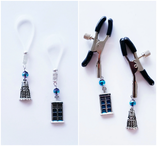 Non Piercing Kinky and Geeky Whovian Nipple Dangles or Nipple Clamps. Mature Listing. BDSM