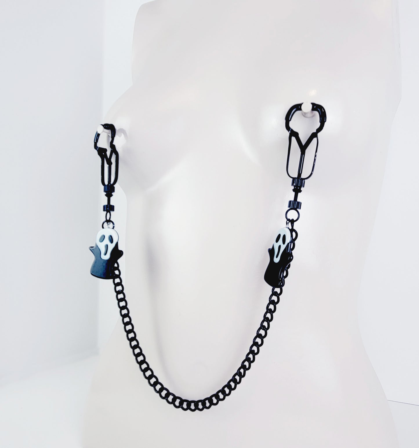 Black Nipple Clamps with Chain attached and Halloween Pendants. Black Beetle Clamps. BDSM, MATURE
