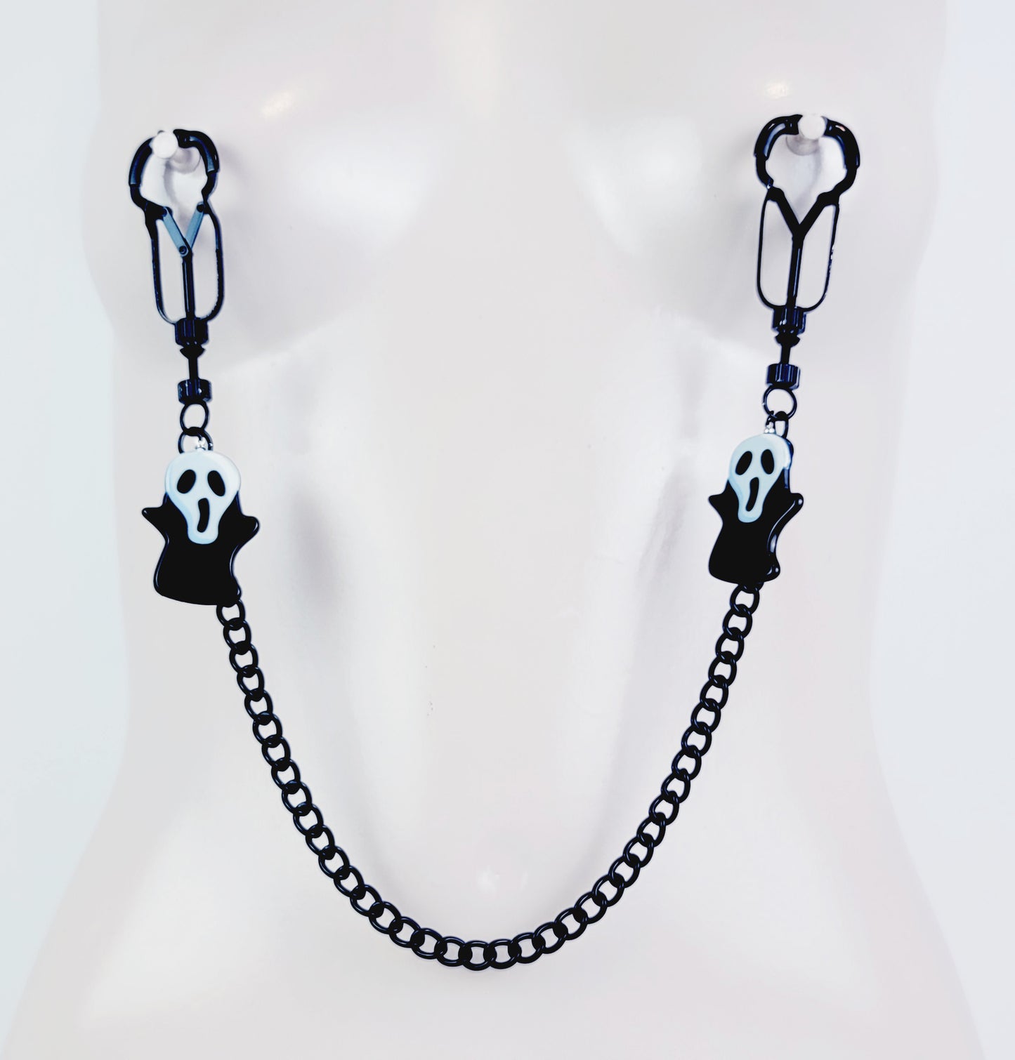 Black Nipple Clamps with Chain attached and Halloween Pendants. Black Beetle Clamps. BDSM, MATURE