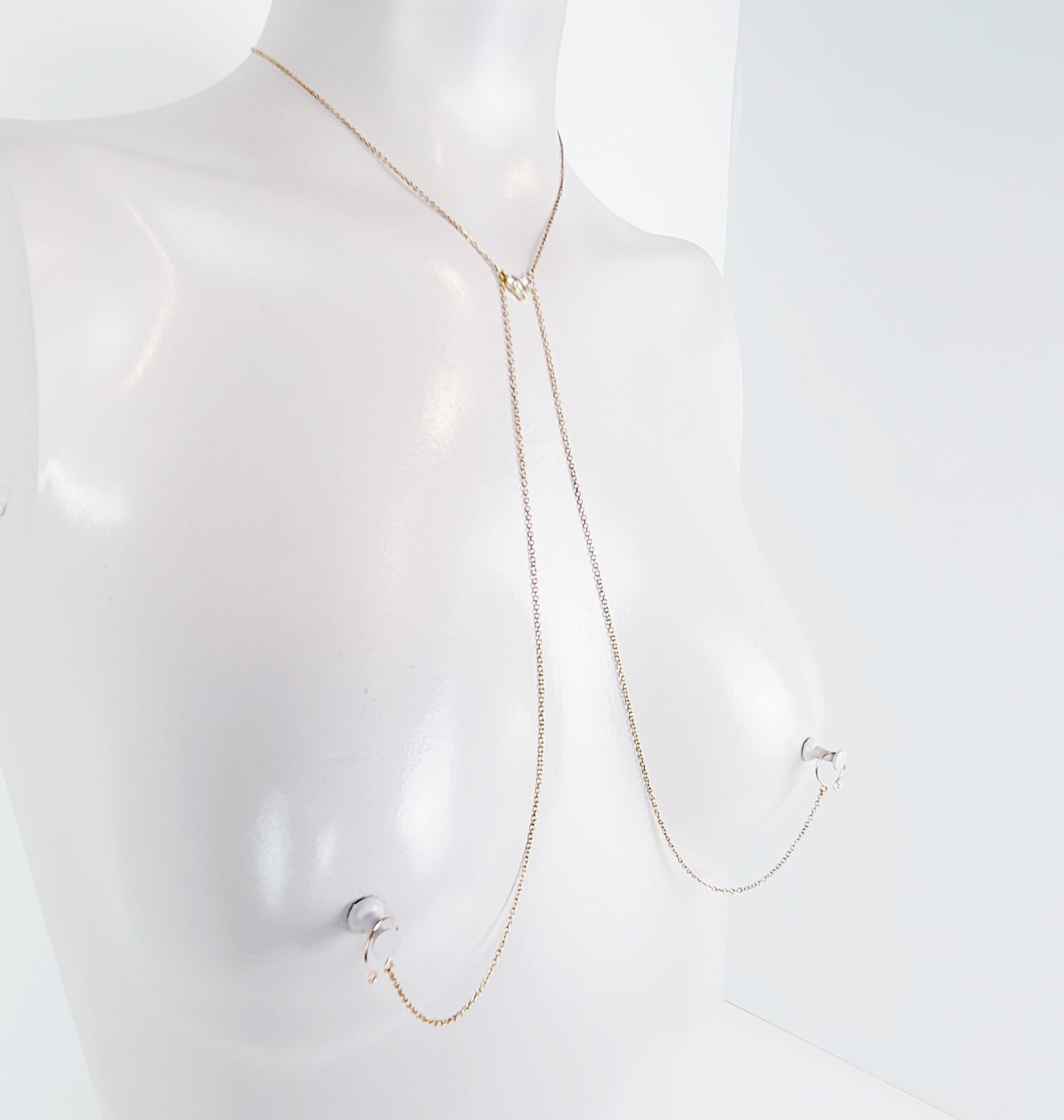 Gold Stainless Steel Necklace to Nipple, with Crystal Heart. Non Piercing or Wear with Piercing Jewelry.