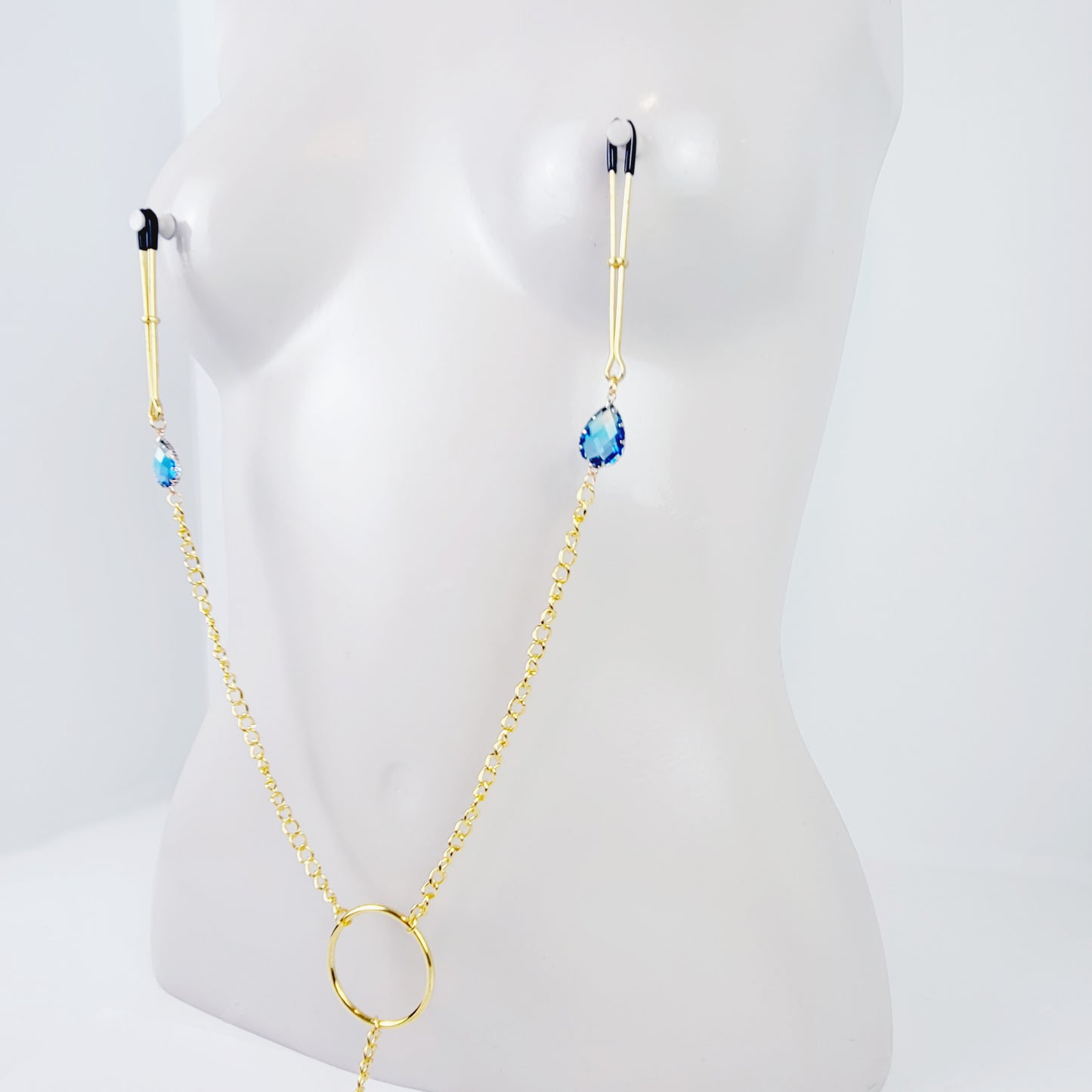 Nipple To Clit Clamps. Gold Tweezer Nipple Clamps, Chain Attached, with Tweezer Clitoral Clamp and Blue Gems. MATURE, BDSM