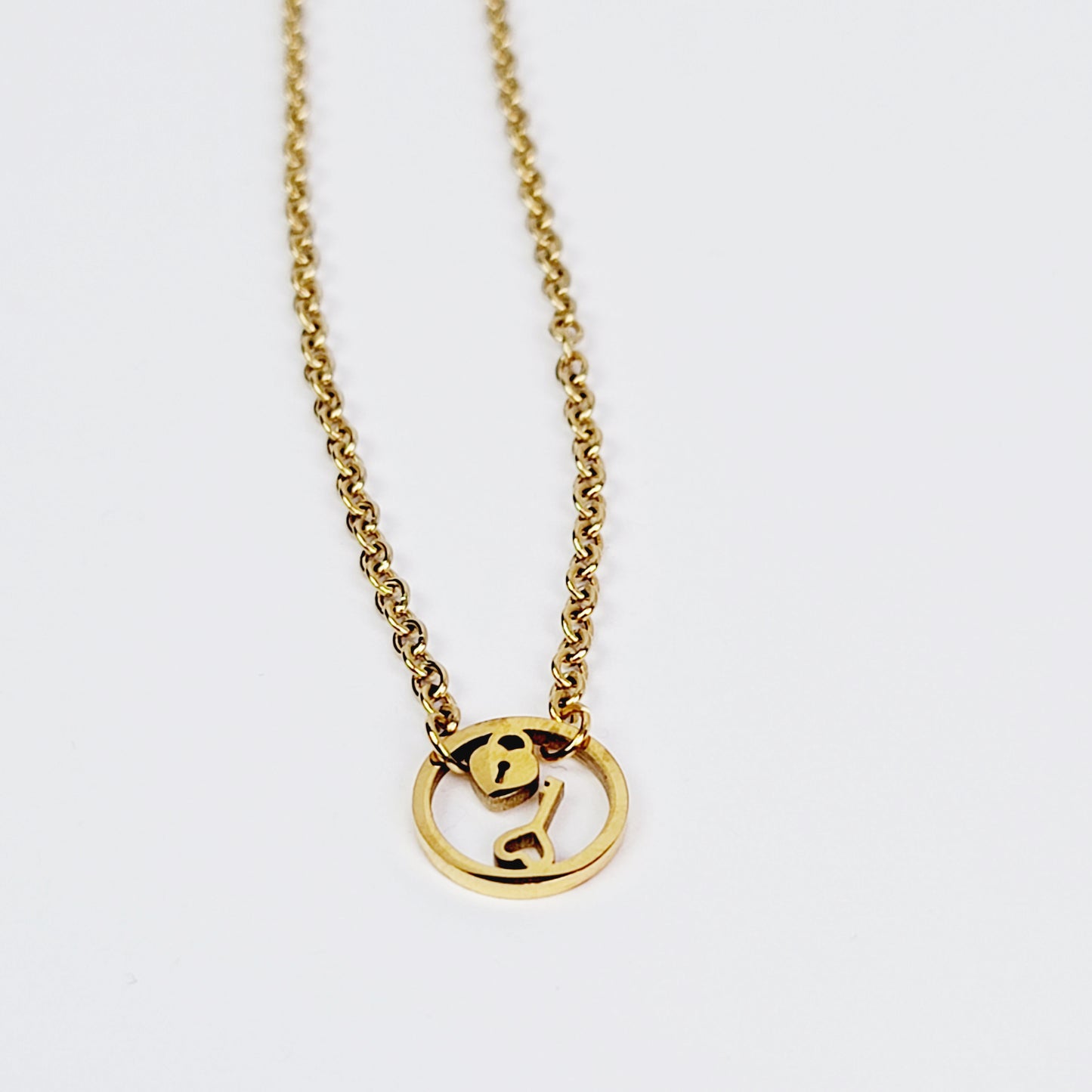 Gold Stainless Steel Discreet Day Collar, Circle of O Pendant with Padlock and Key Design