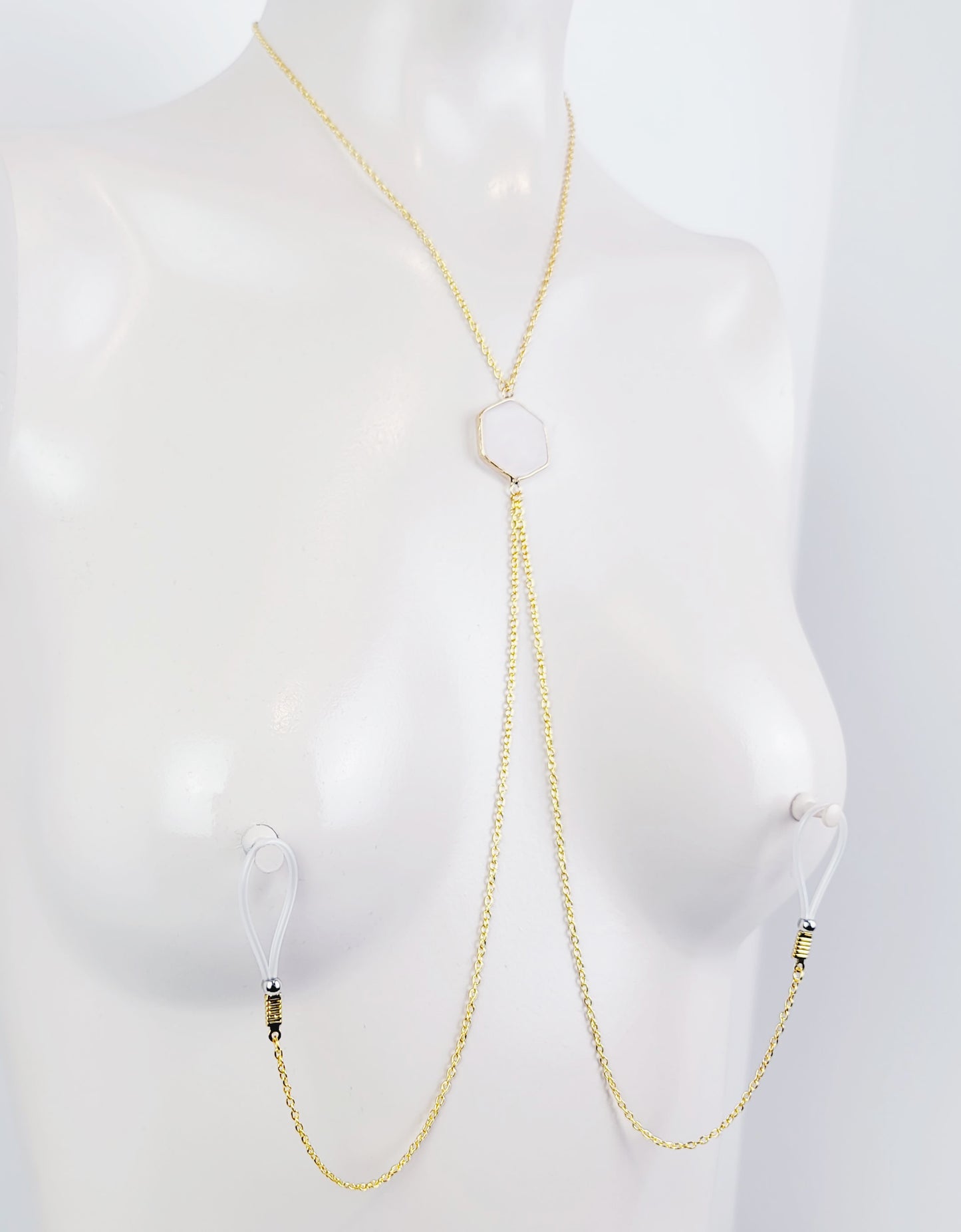 Gold Necklace To Nipple With Semi-Precious Hexagon/ Honeycomb Pendant. Non-Piercing Nipple Nooses or Rings, Nipple Clamps