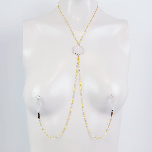 Gold Necklace To Nipple With Semi-Precious Hexagon/ Honeycomb Pendant. Non-Piercing Nipple Nooses or Rings, Nipple Clamps