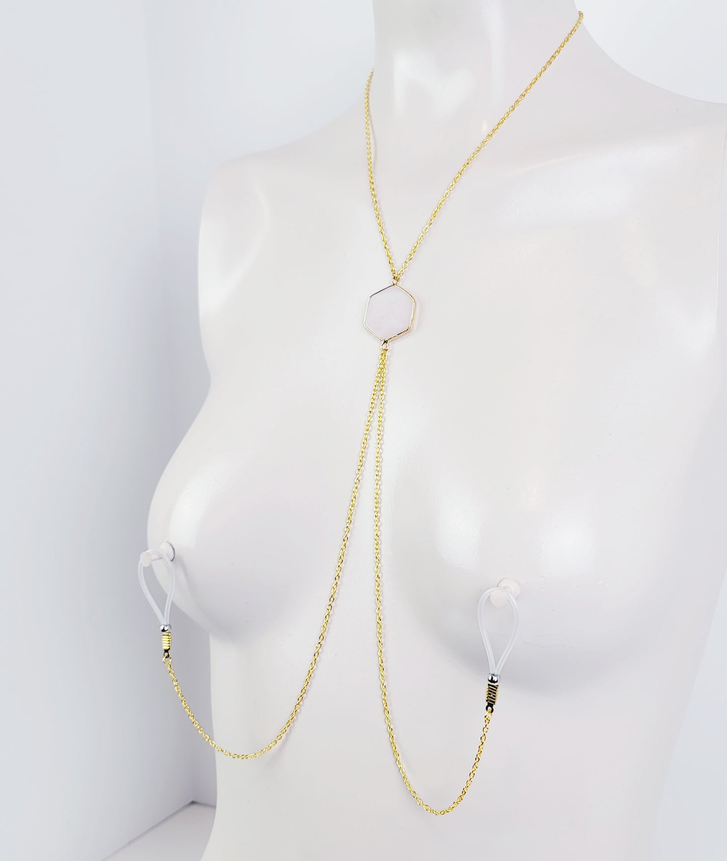 Gold Necklace To Nipple With Semi-Precious Hexagon/ Honeycomb Pendant. Non-Piercing Nipple Nooses or Rings, Nipple Clamps