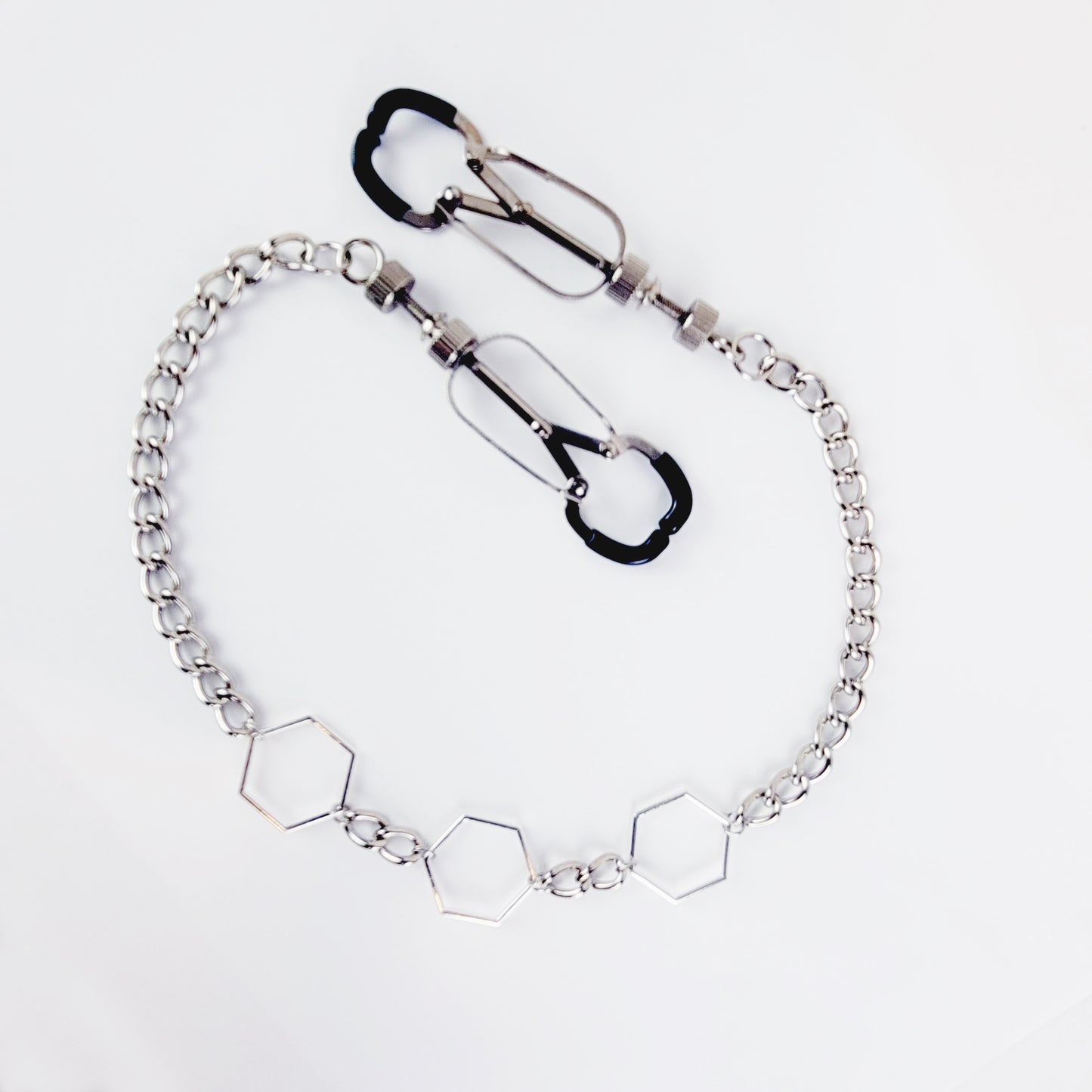 BDSM Nipple Clamps. Beetle Clamps with Hexagons and Chain.