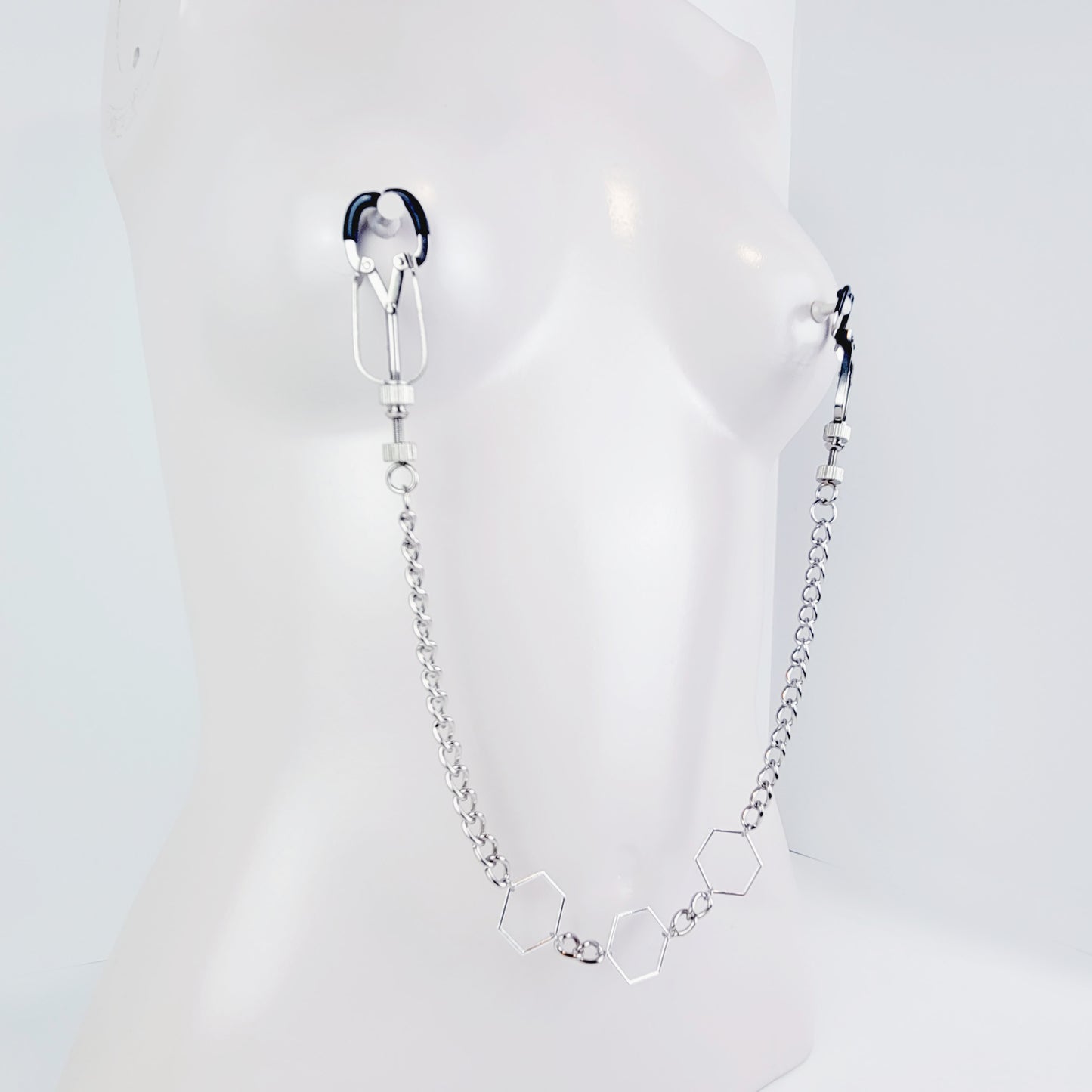 BDSM Nipple Clamps. Beetle Clamps with Hexagons and Chain.