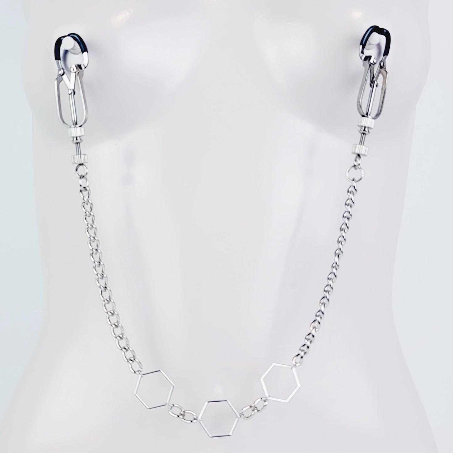 BDSM Nipple Clamps. Beetle Clamps with Hexagons and Chain.