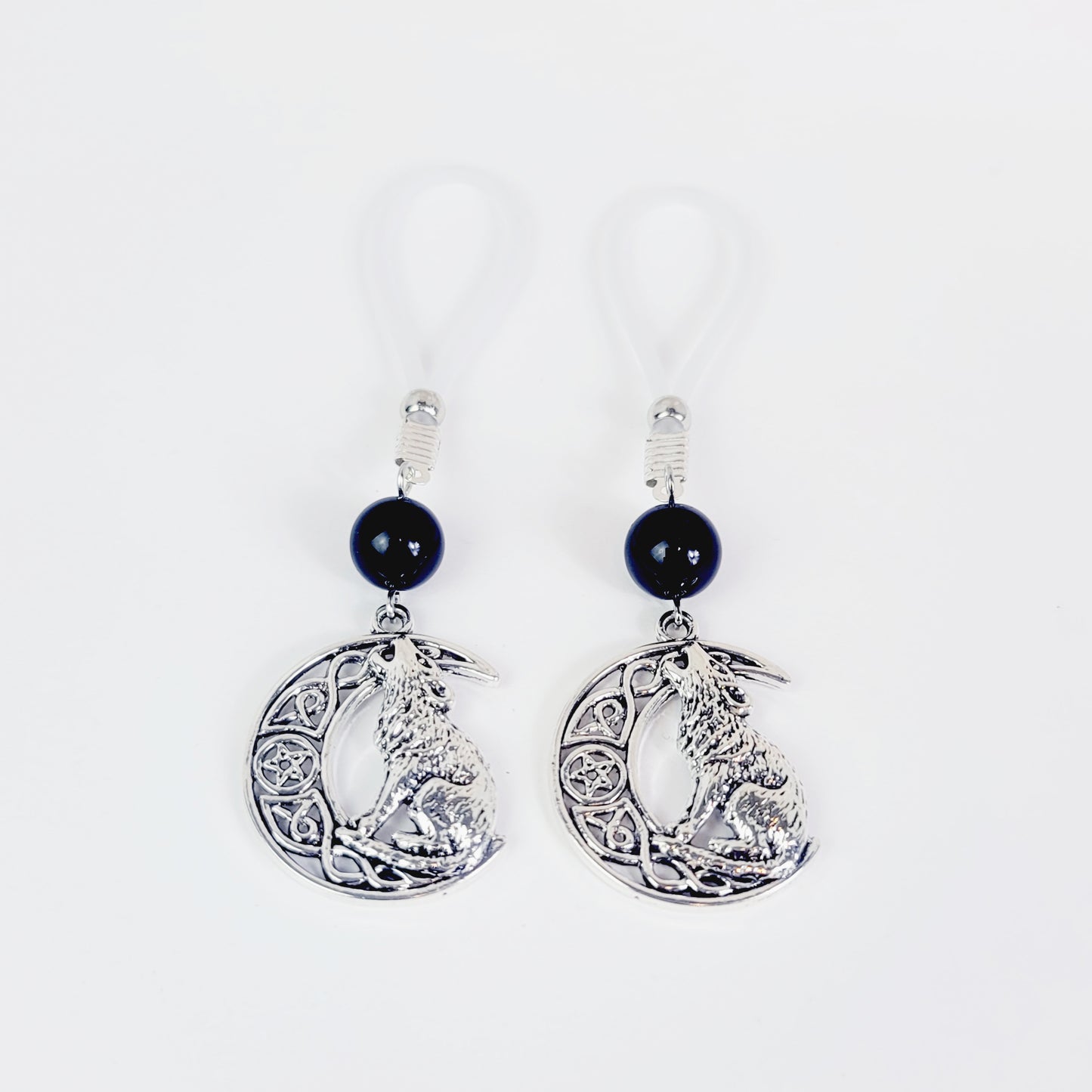 Non Piercing Nipple Dangles with Wolf, Celtic Knot Moon and Pentacle/Pentagram Pendant and Black Stone Bead.