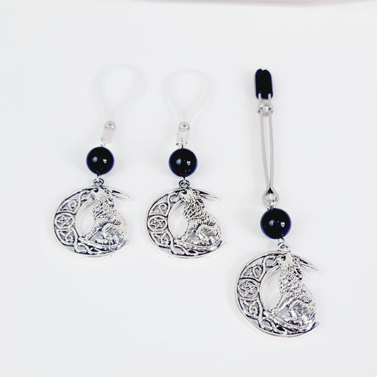 Nipple and Clit Clamp Set with Wolf, Moon, and Pentacle with Banded Agate Stone Beads.