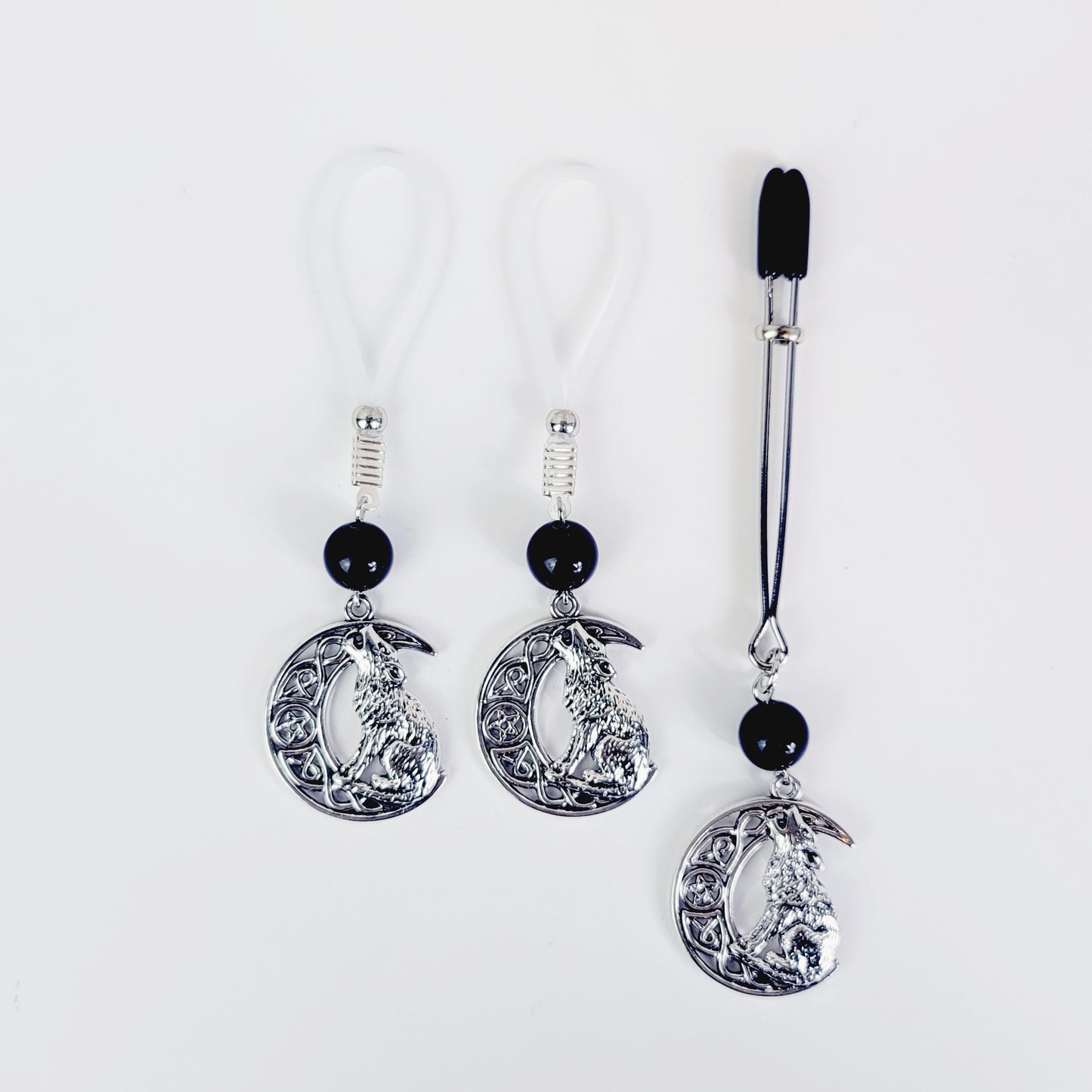 Non Piercing Nipple Dangles with Wolf, Celtic Knot Moon and Pentacle/Pentagram Pendant and Black Stone Bead.