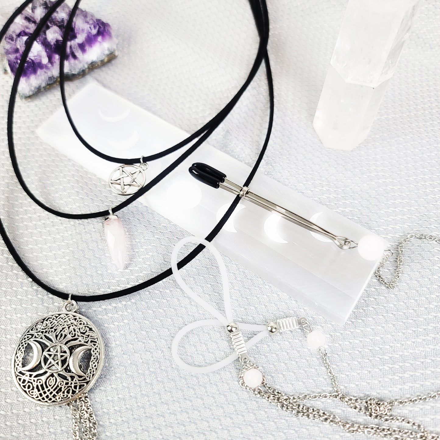 Multi Tiered Necklace to Nipple and Clit With Rose Quartz Crystal, Triple Moon Tree of Life and Pentacle.