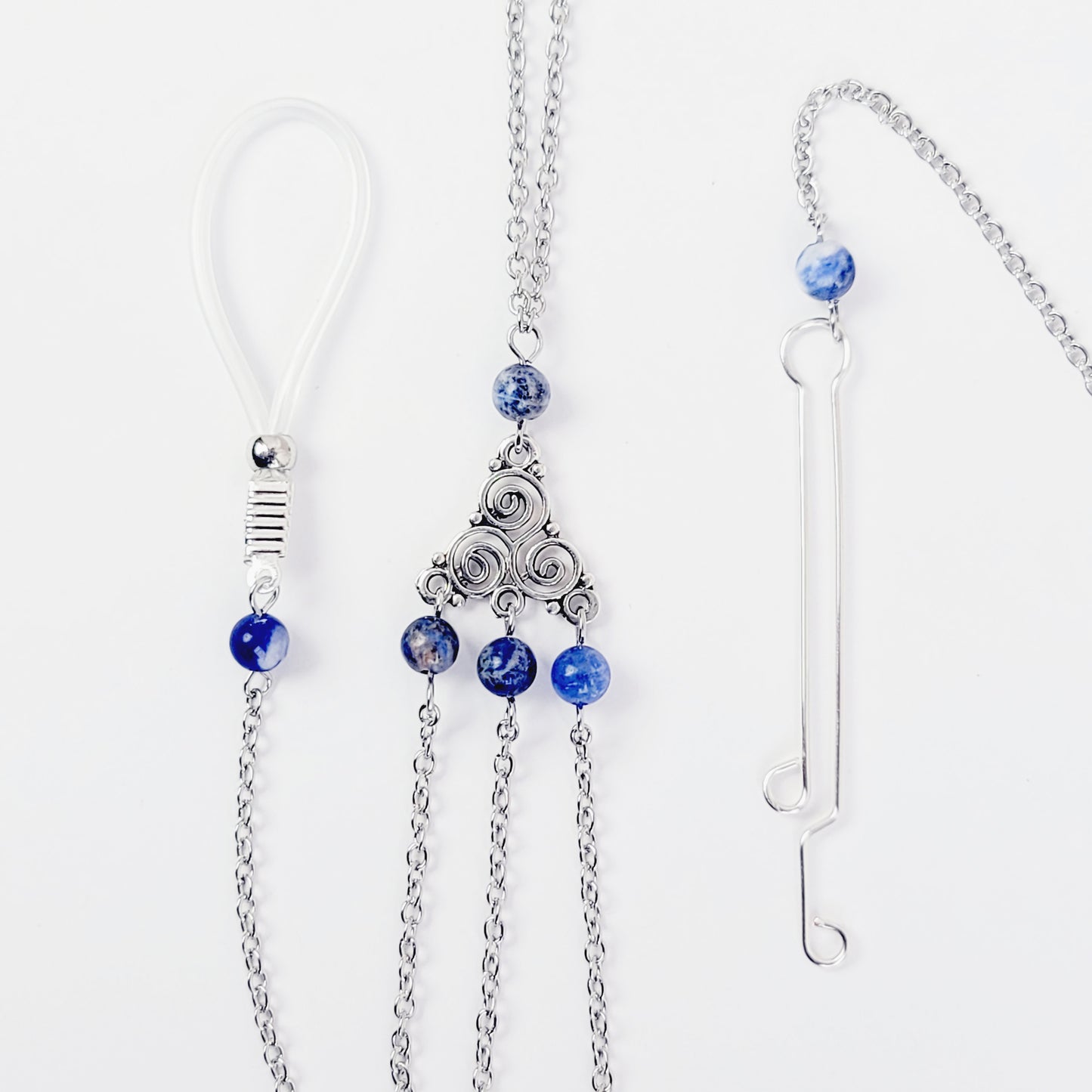 Triskelion Necklace to Nooses with Sodalite Stone Beads and Labia Clip. Non Piercing Intimate Body Jewelry for Women.