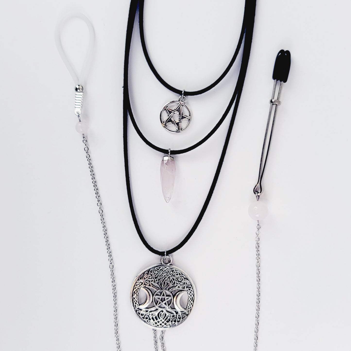 Multi Tiered Necklace to Nipple and Clit With Rose Quartz Crystal, Triple Moon Tree of Life and Pentacle.