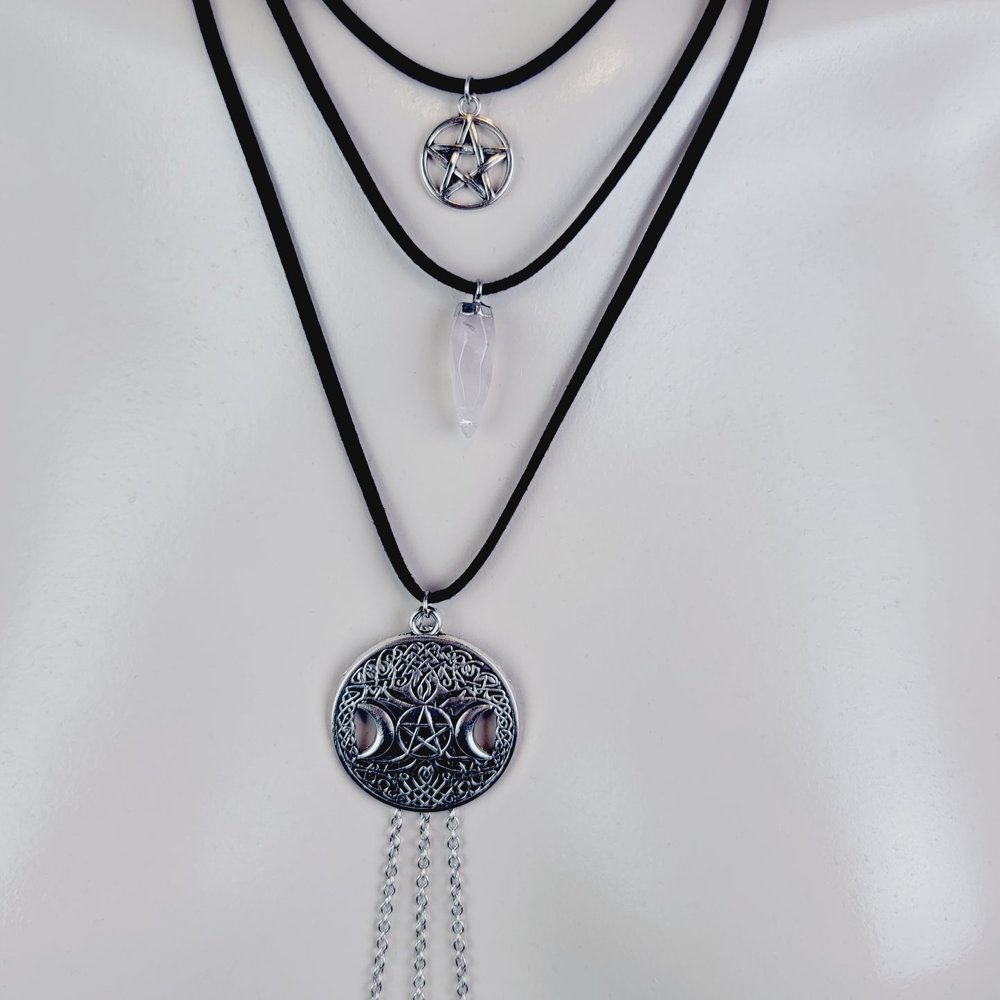 Multi Tiered Necklace to Nipple and Clit With Rose Quartz Crystal, Triple Moon Tree of Life and Pentacle.