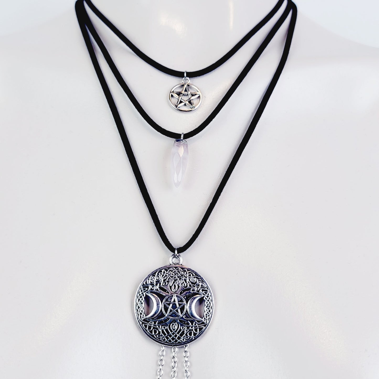 Multi Tiered Necklace to Nipple and Clit With Rose Quartz Crystal, Triple Moon Tree of Life and Pentacle.