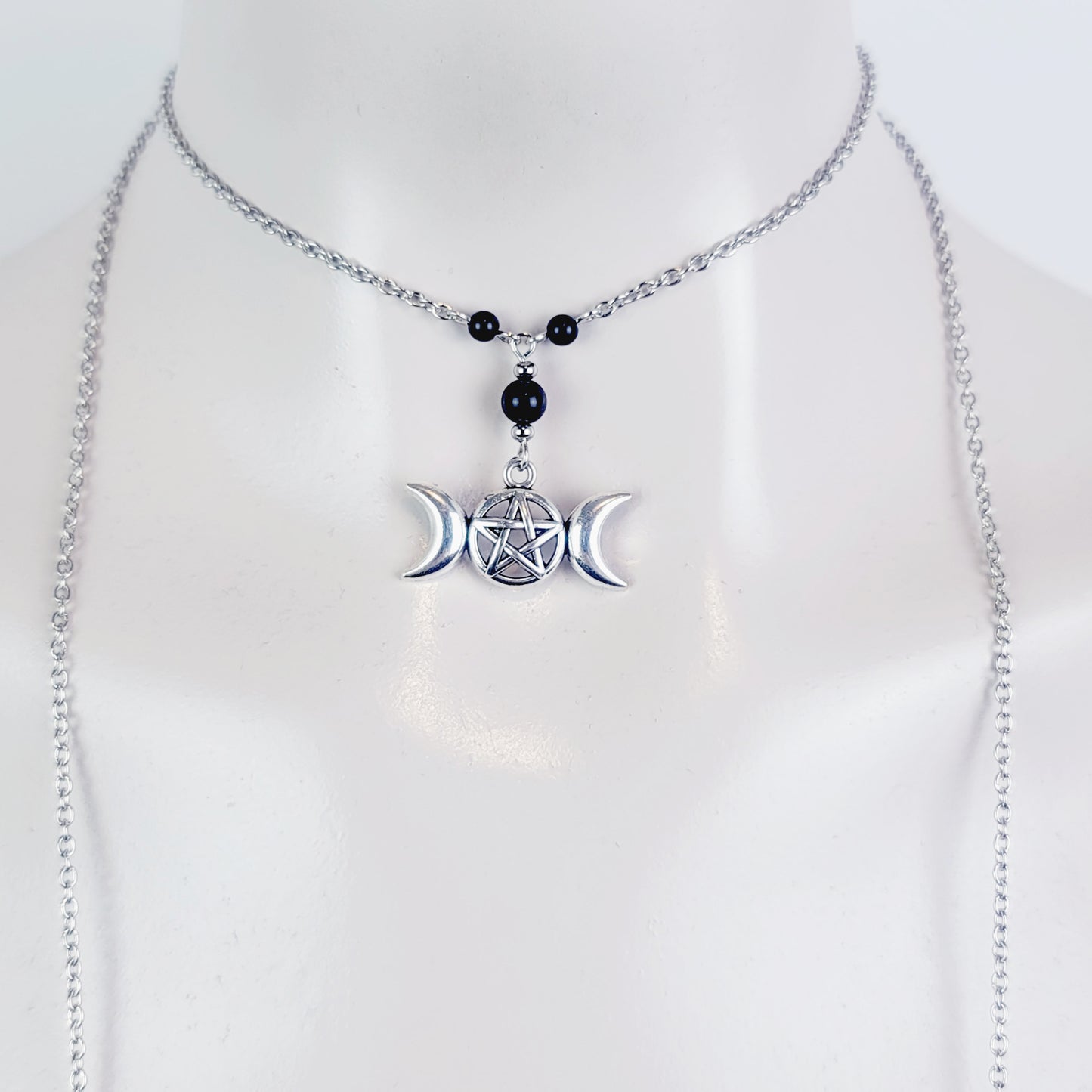 Non Piercing Nipple Wrap Around or Backdrop Necklace with Triple Moon Pentacle and Black Obsidian. Nipple Nooses or Clamps