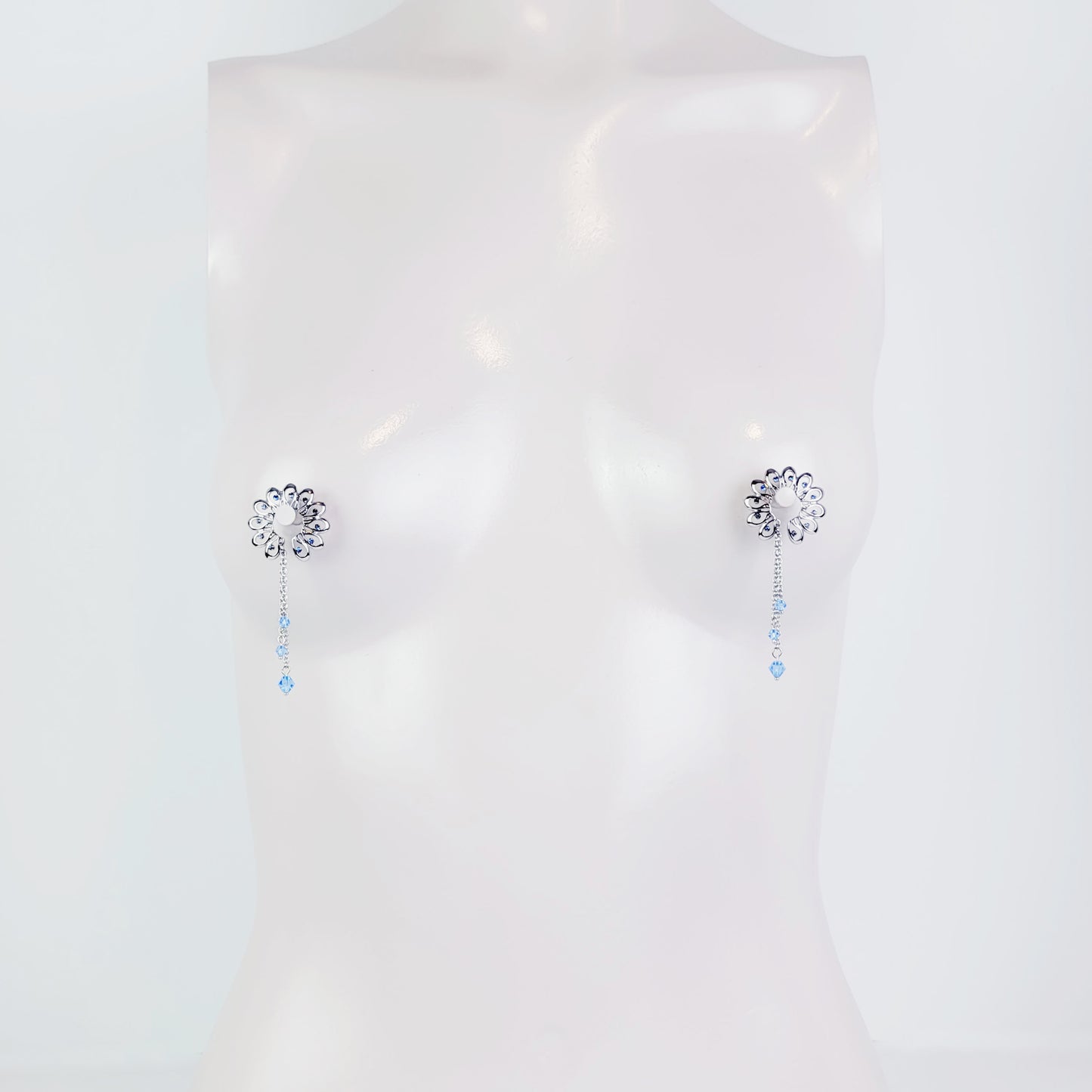 Nipple Shields with Blue Crystals and chain Dangles, Non Piercing Nipple Rings. MATURE, BDSM, Erotic Body Jewelry for Women