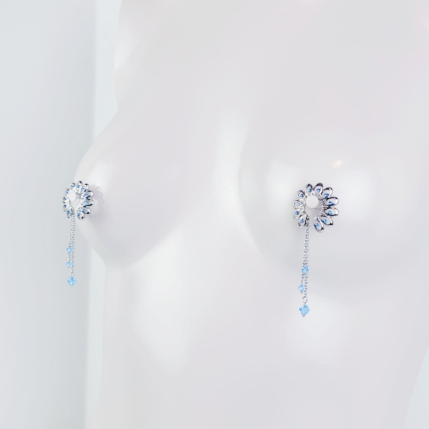 Nipple Shields with Blue Crystals and chain Dangles, Non Piercing Nipple Rings. MATURE, BDSM, Erotic Body Jewelry for Women