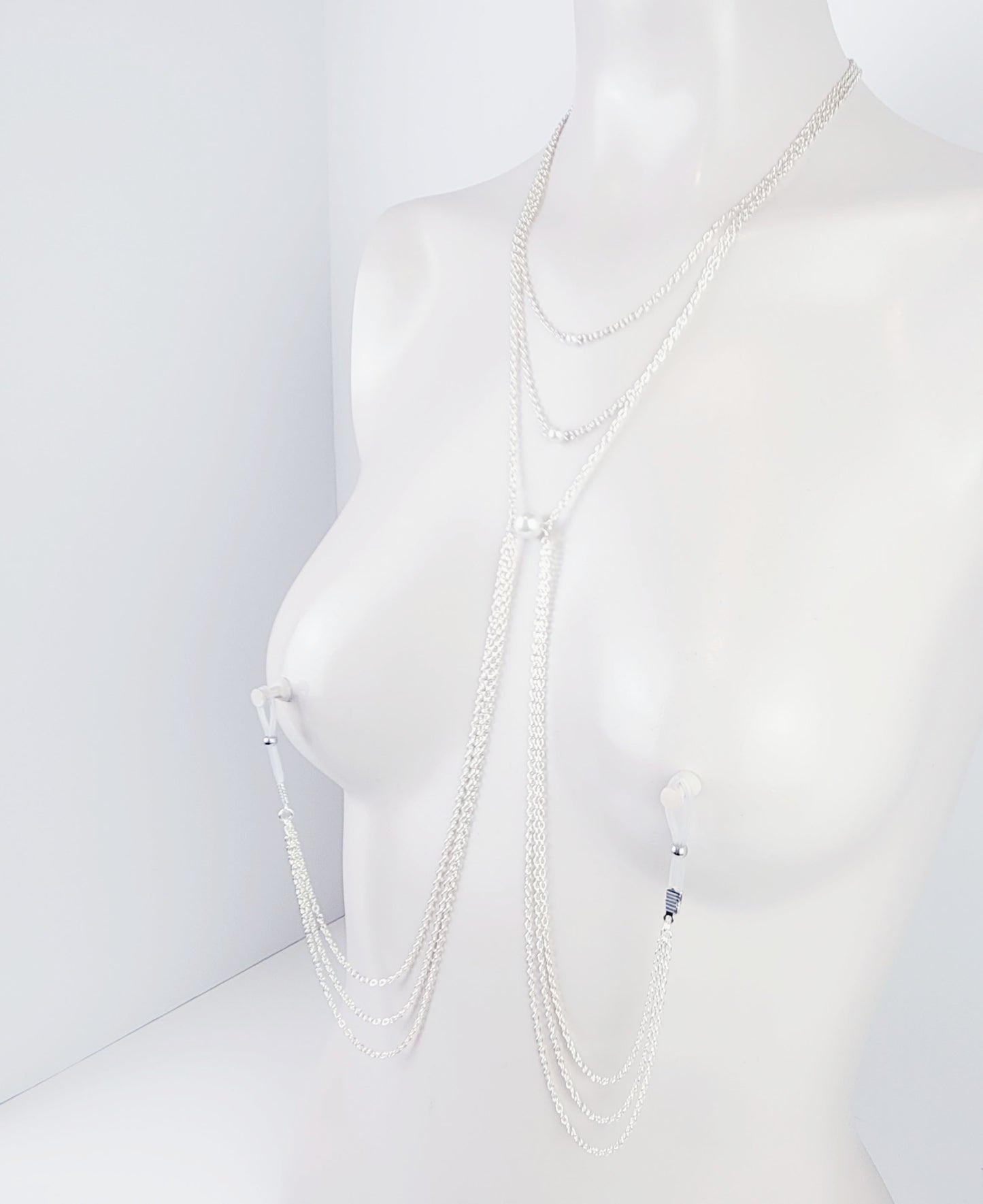 Multi Tiered Pearl Necklace to Nipple, Non-Piercing or with Nipple Clamps.