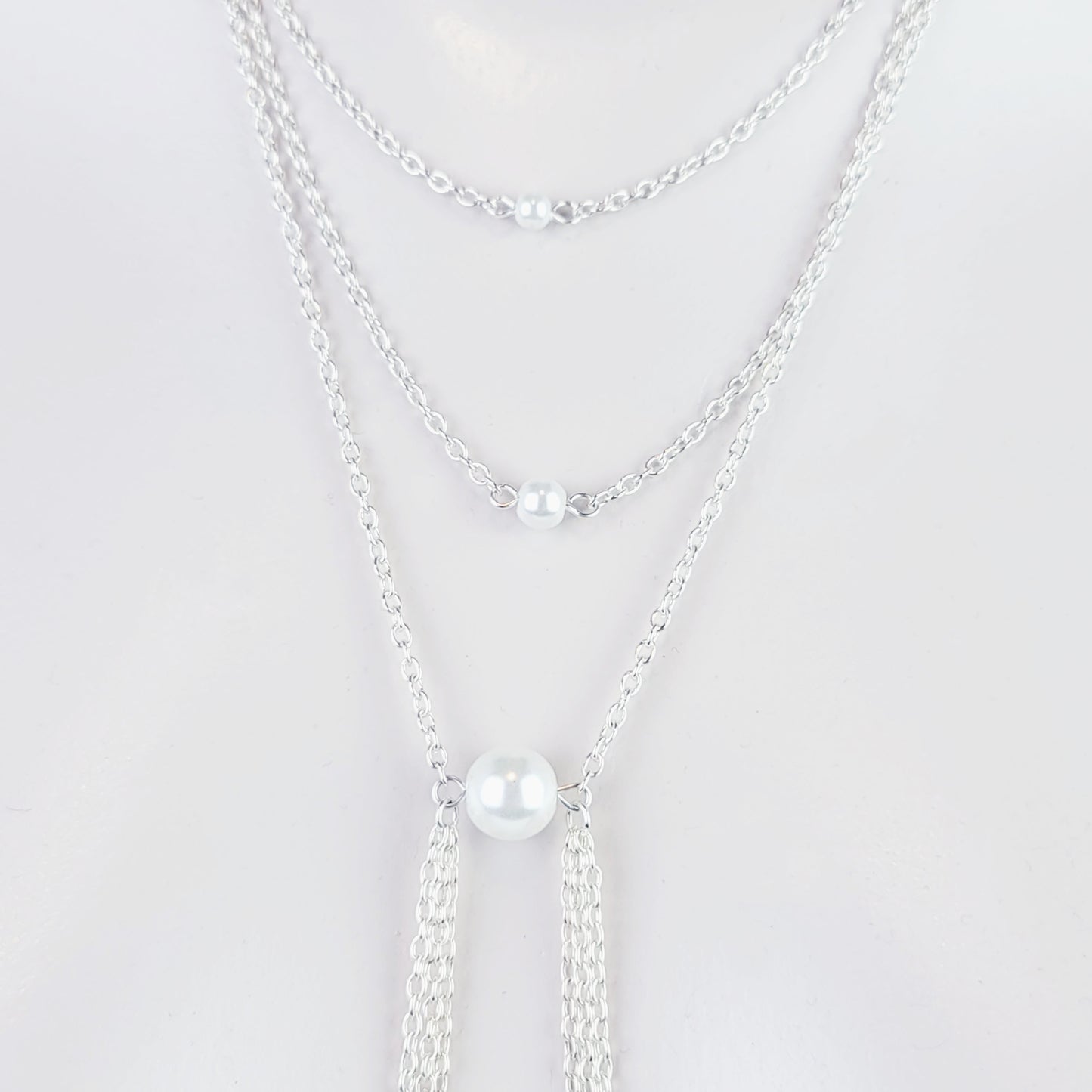 Multi Tiered Pearl Necklace to Nipple, Non-Piercing or with Nipple Clamps.