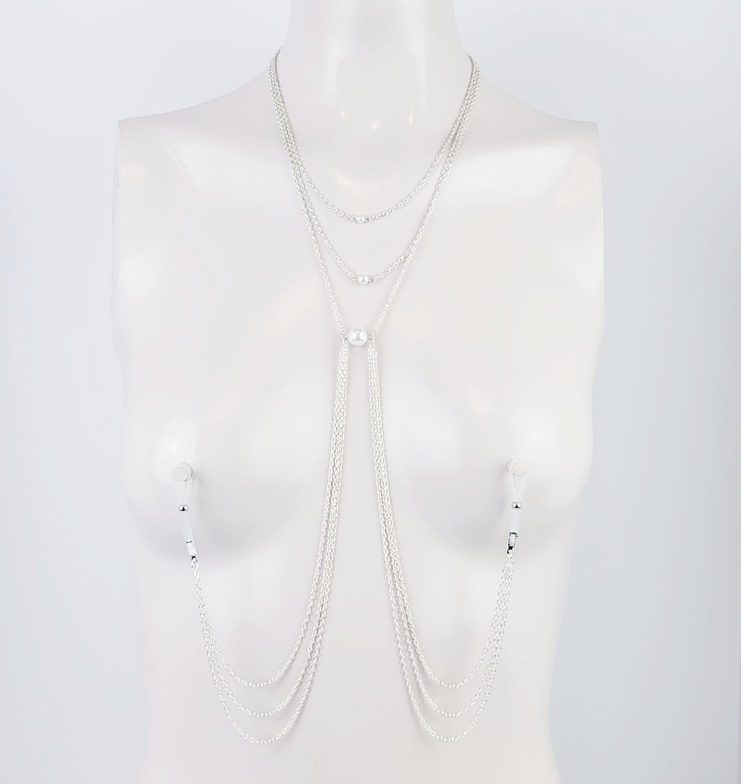 Multi Tiered Pearl Necklace to Nipple, Non-Piercing or with Nipple Clamps.