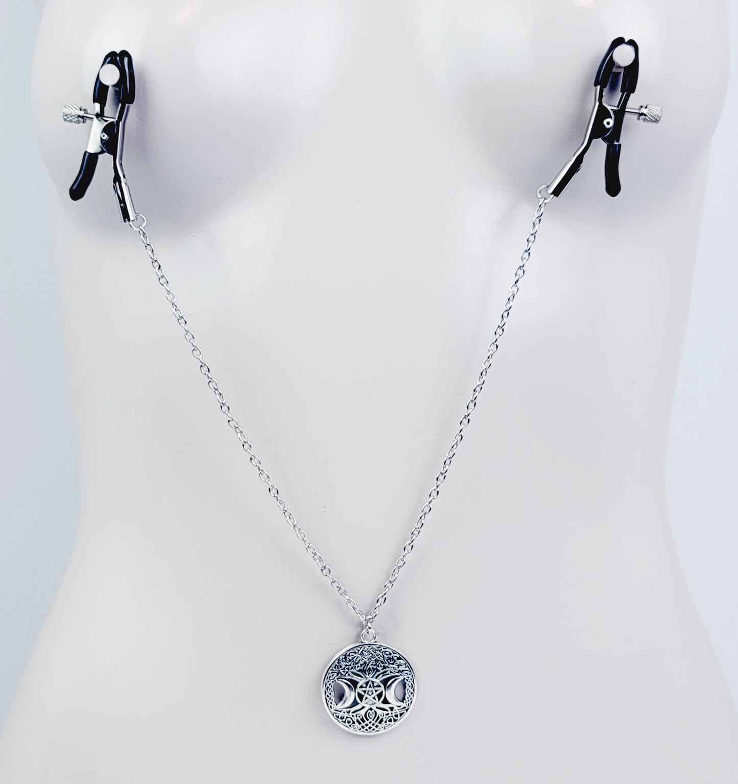 Nipple Chain with Tree of Life Triple Moon Pentacle Charm on Your Choice of Nipple Nooses or Clamps