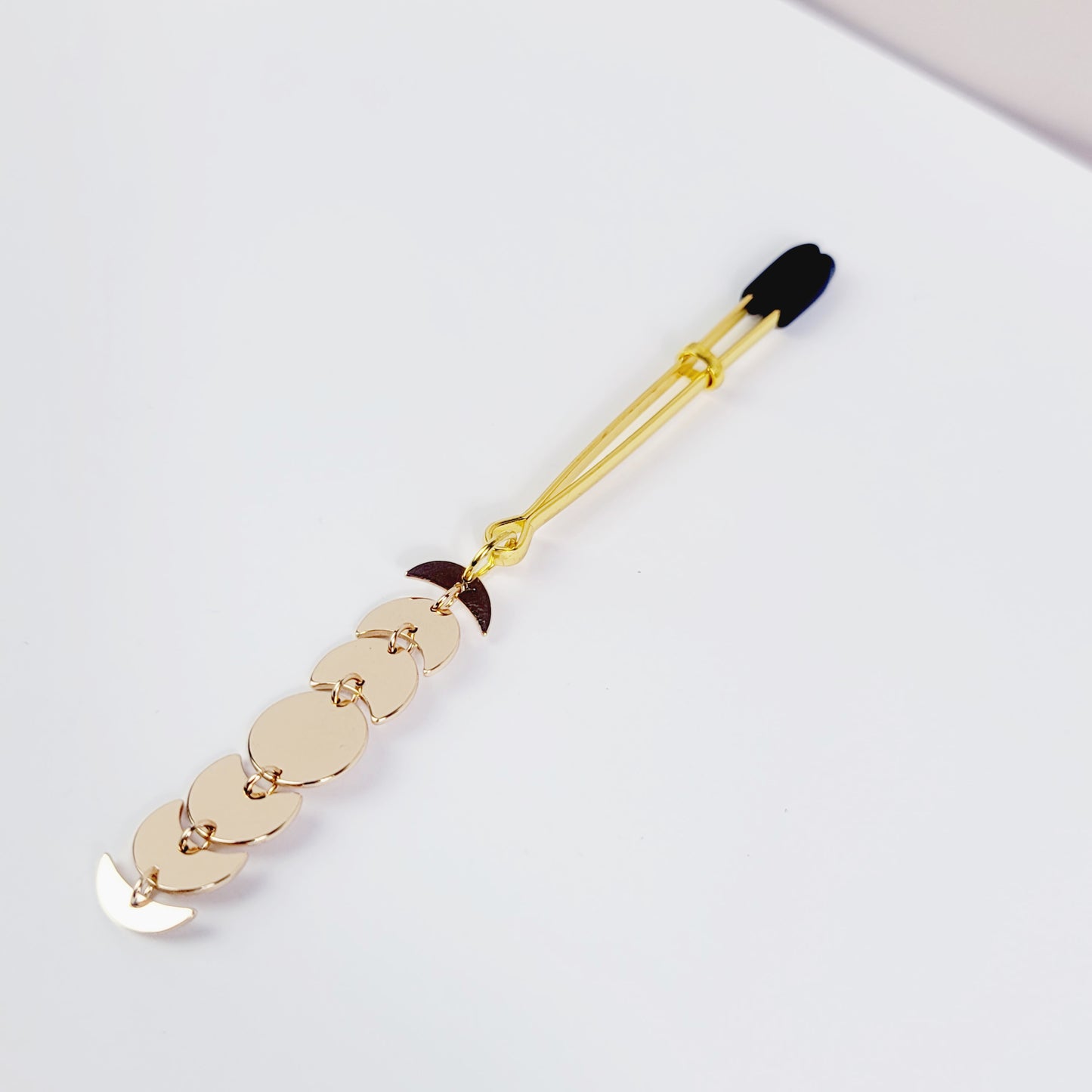 Tweezer Clit Clamp, Gold, with Moon Cycle Pendant. BDSM