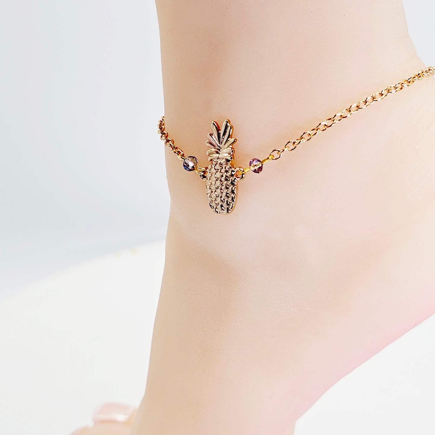 Gold Pineapple Anklet With Glass Bead Accents. Ankle Bracelet. Alternative Lifestyle Jewelry