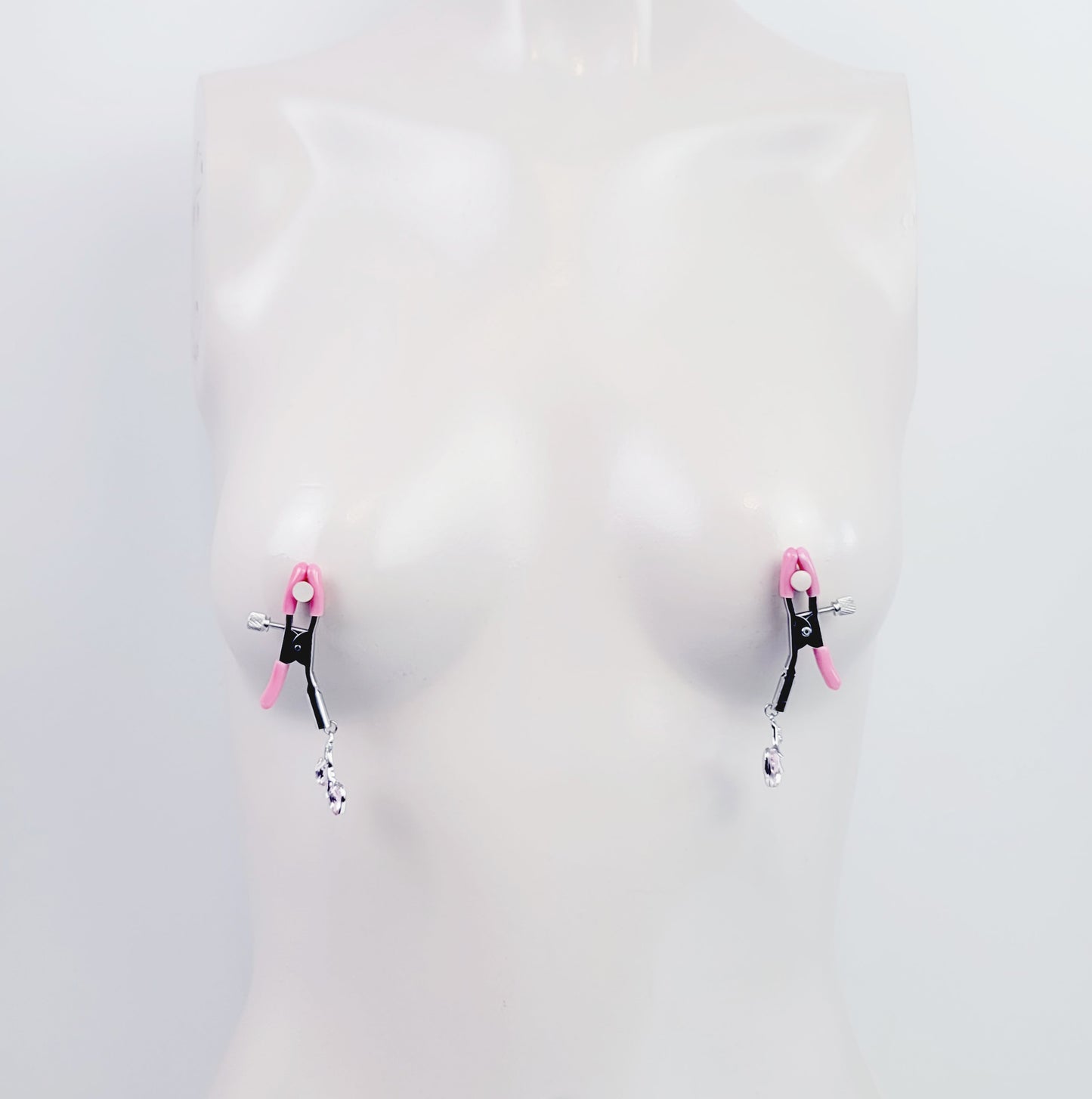 Pink Adjustable Nipple Clamps with Gemstone Heart Cherry Pendants.