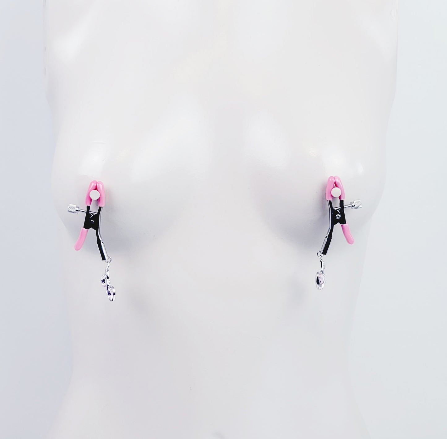 Pink Adjustable Nipple Clamps with Gemstone Heart Cherry Pendants.