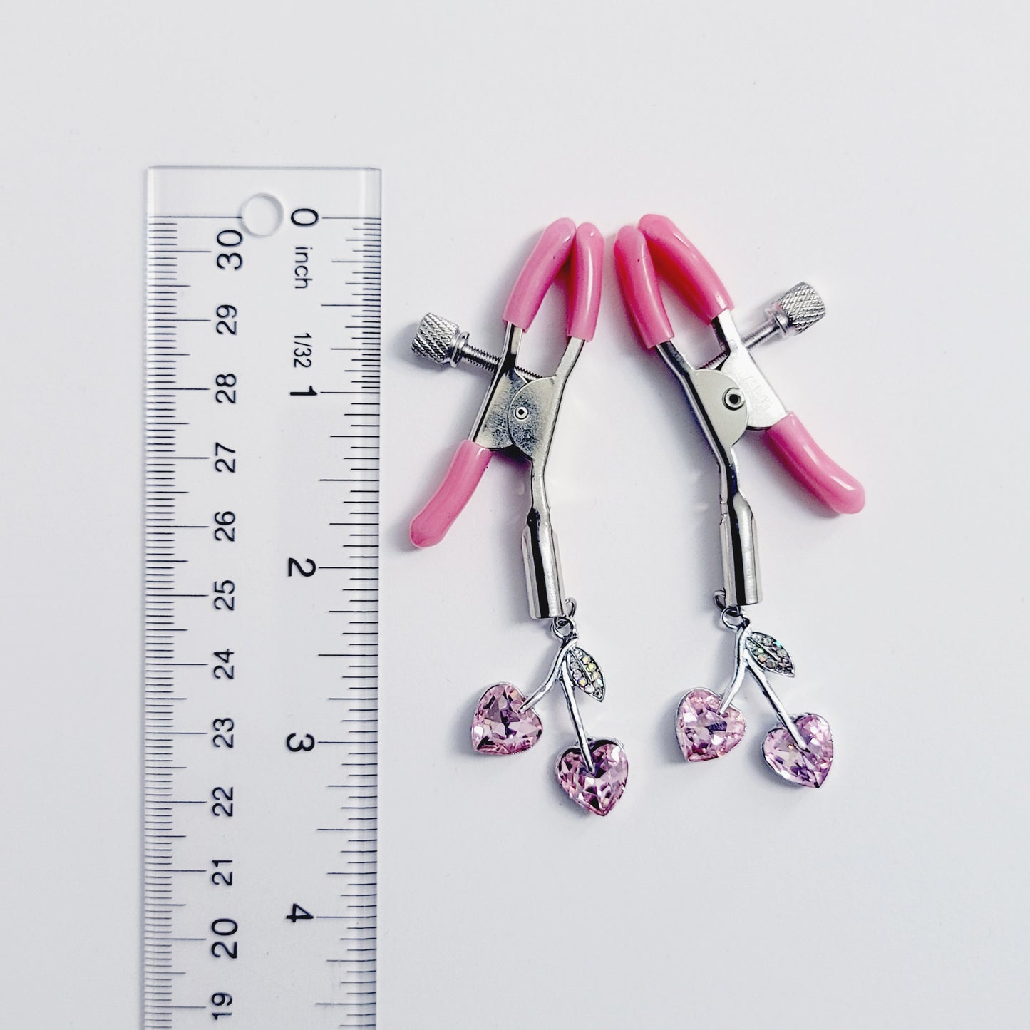 Pink Adjustable Nipple Clamps with Gemstone Heart Cherry Pendants.