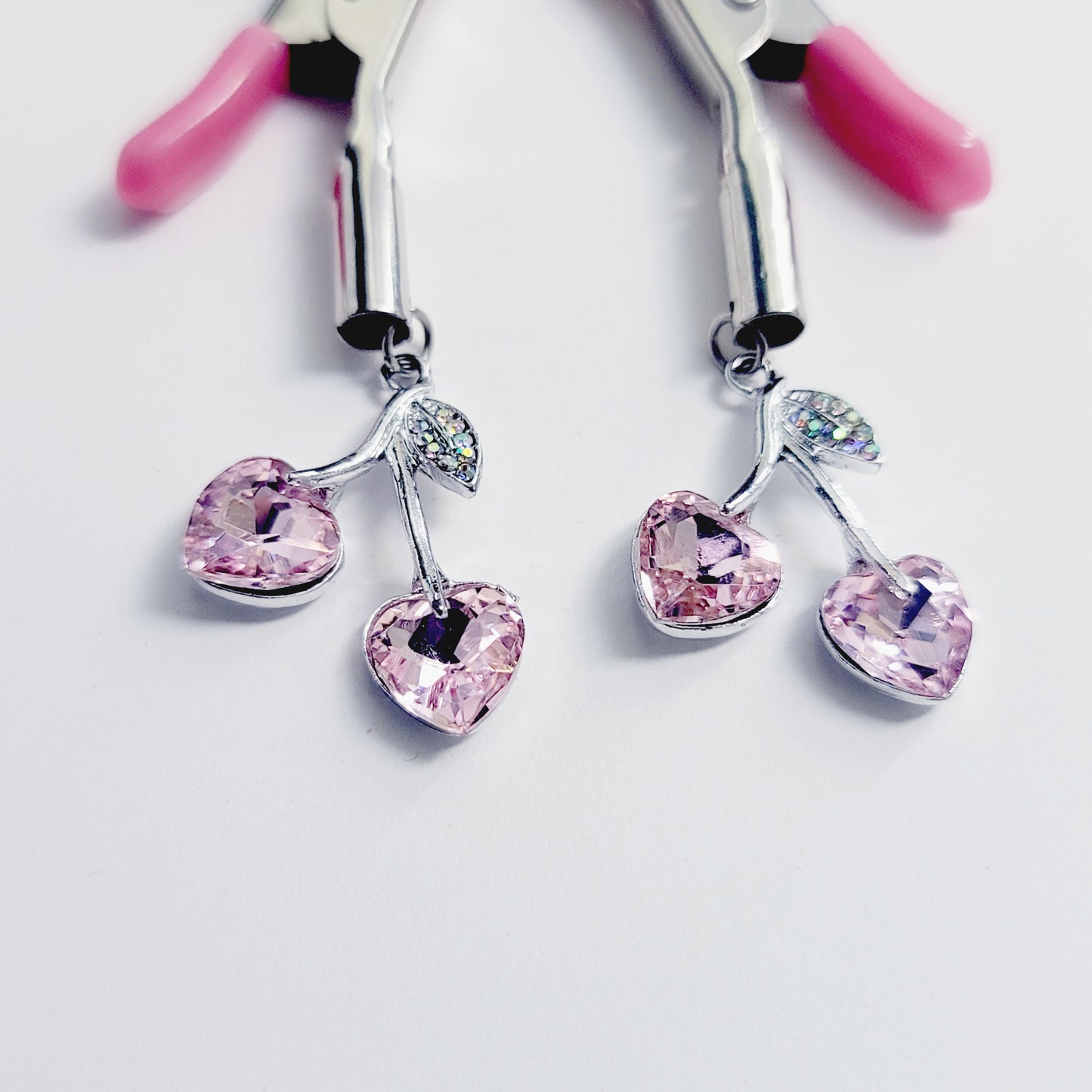 Pink Adjustable Nipple Clamps with Gemstone Heart Cherry Pendants.