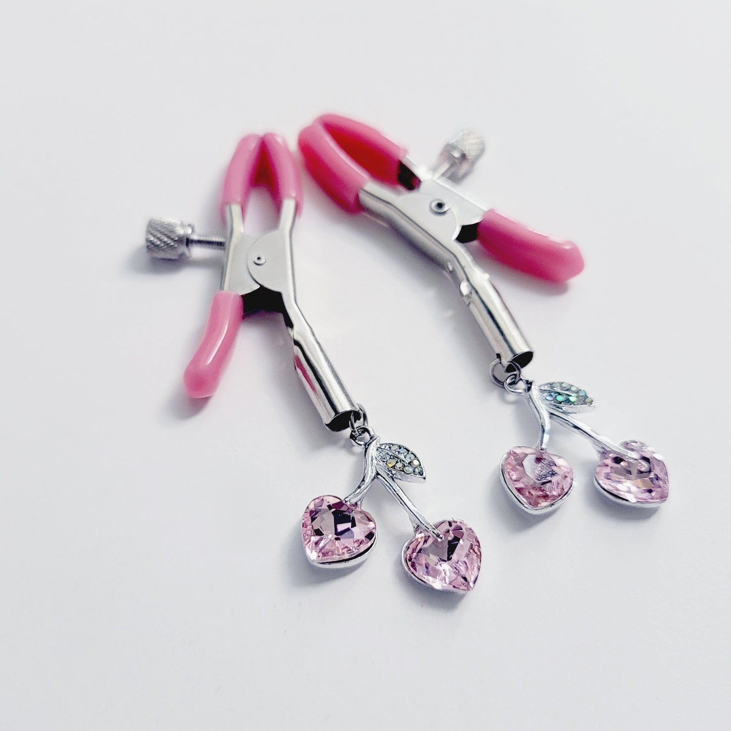 Pink Adjustable Nipple Clamps with Gemstone Heart Cherry Pendants.