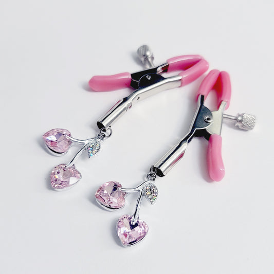 Pink Adjustable Nipple Clamps with Gemstone Heart Cherry Pendants.