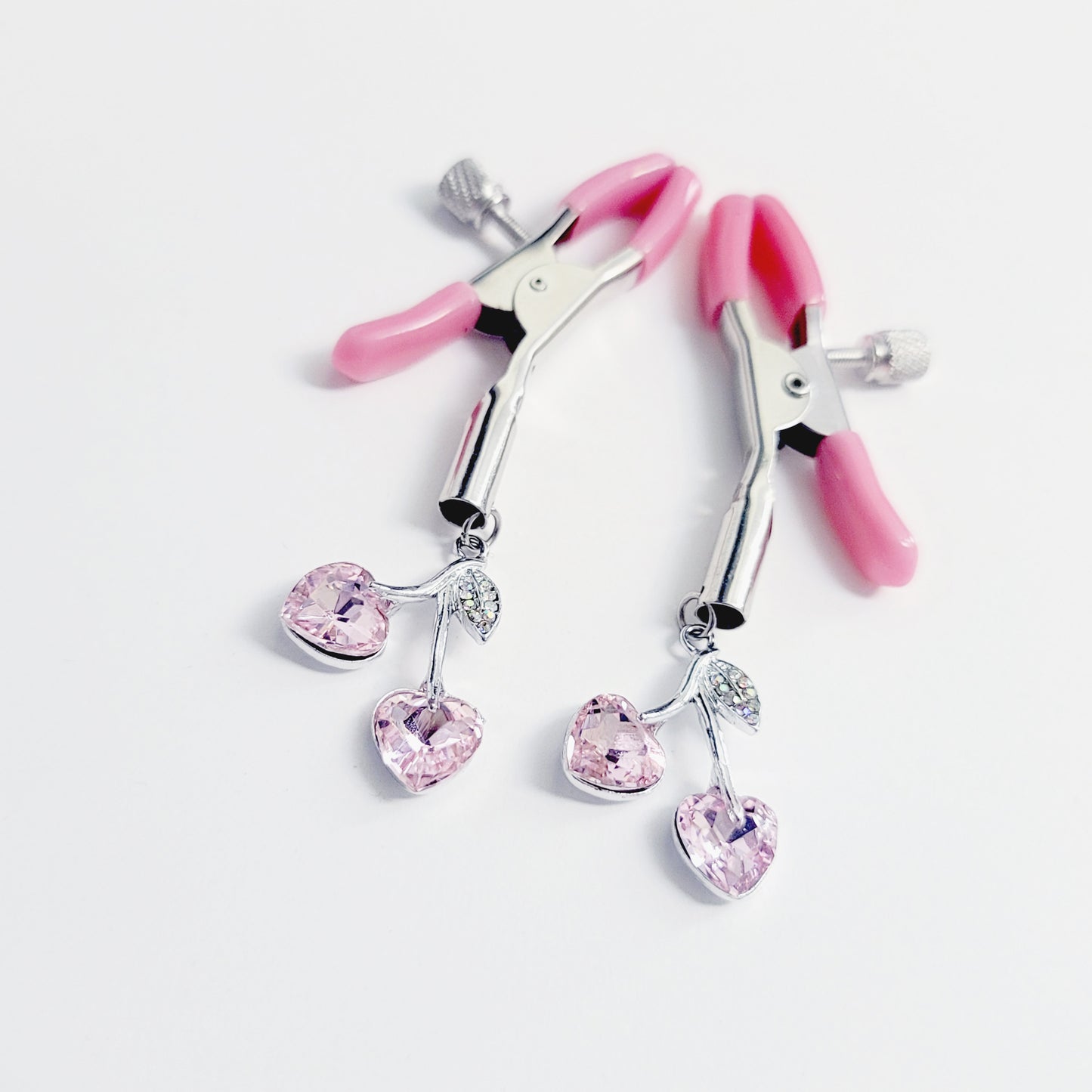 Pink Adjustable Nipple Clamps with Gemstone Heart Cherry Pendants.