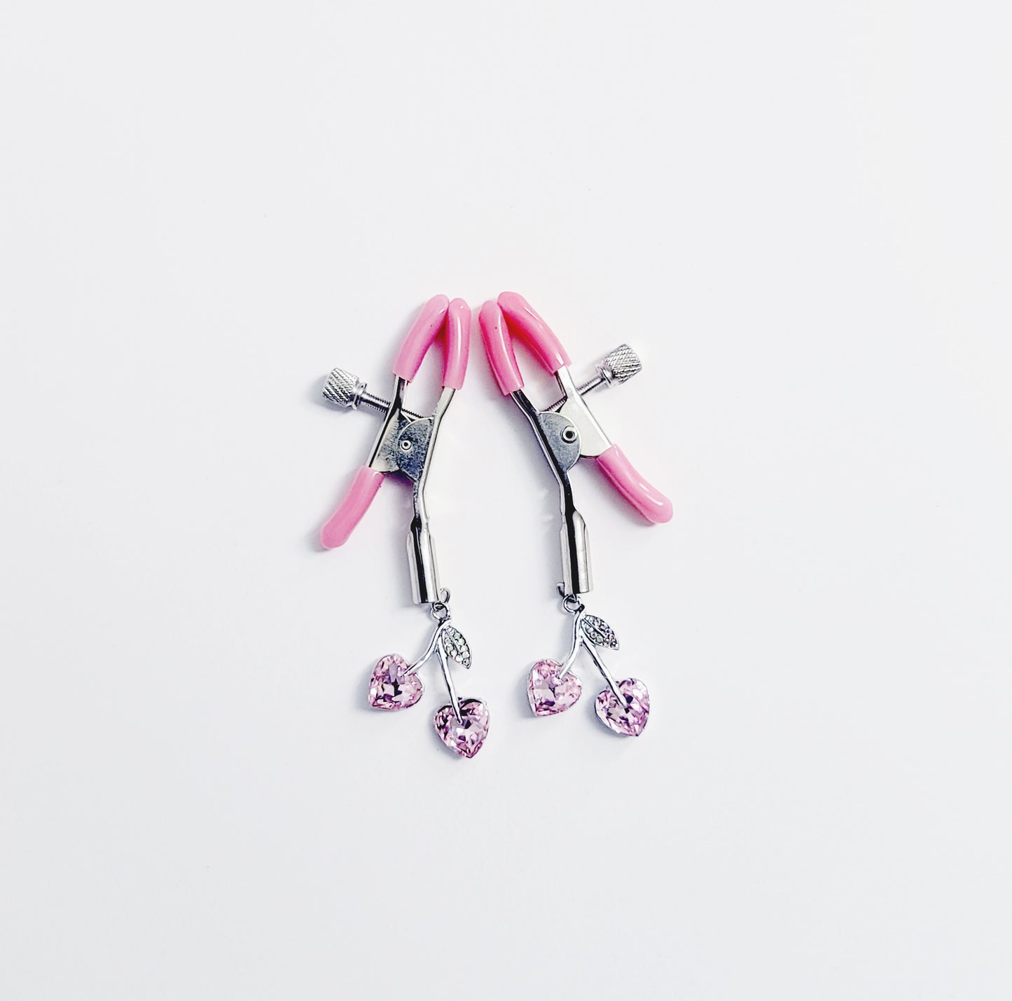 Pink Adjustable Nipple Clamps with Gemstone Heart Cherry Pendants.