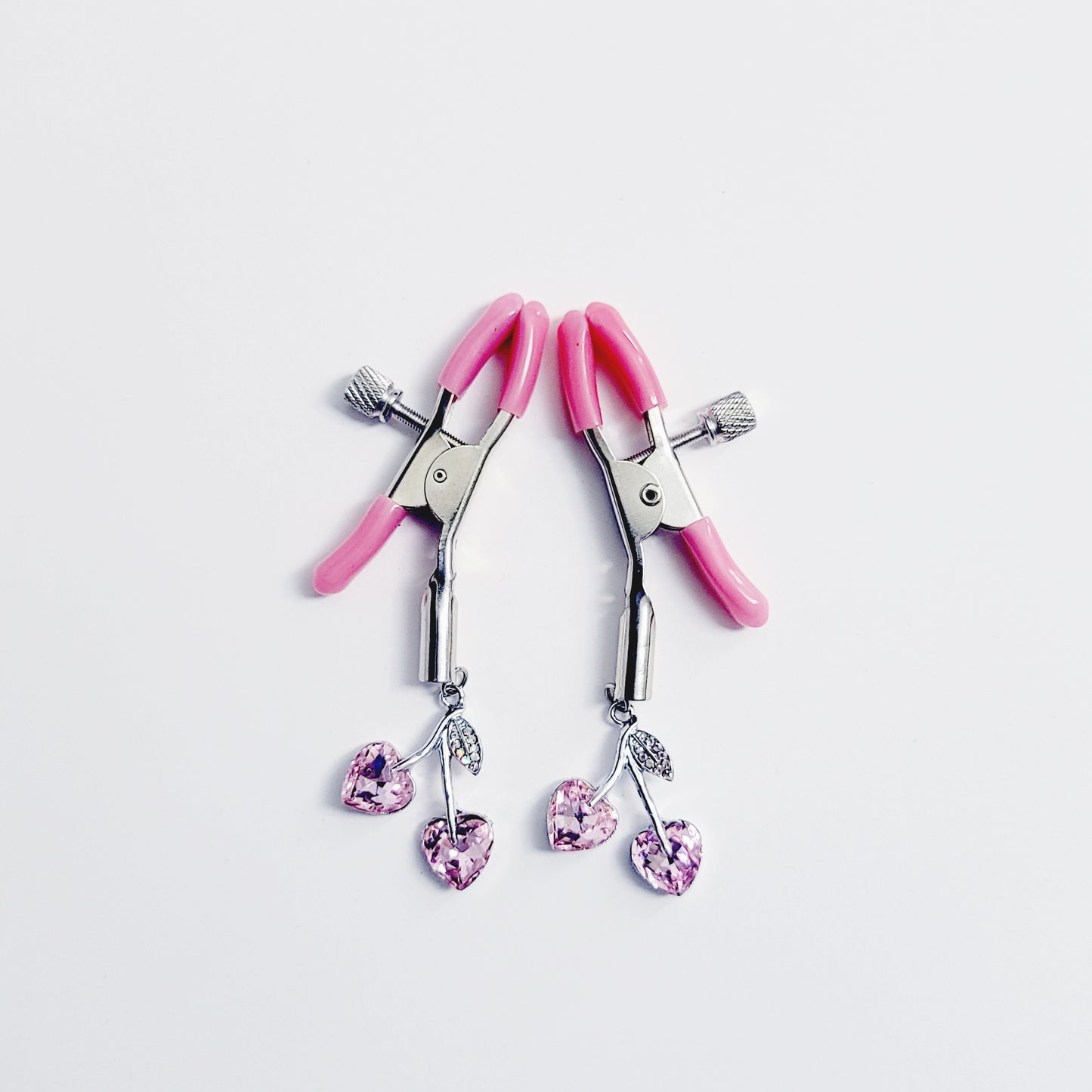 Pink Adjustable Nipple Clamps with Gemstone Heart Cherry Pendants.