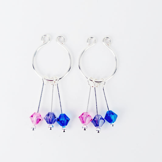 Bisexual Pride Nipple Rings, Not Pierced. Non-Piercing Nipple Rings with Dangling Pink, Purple, and Blue Crystals.