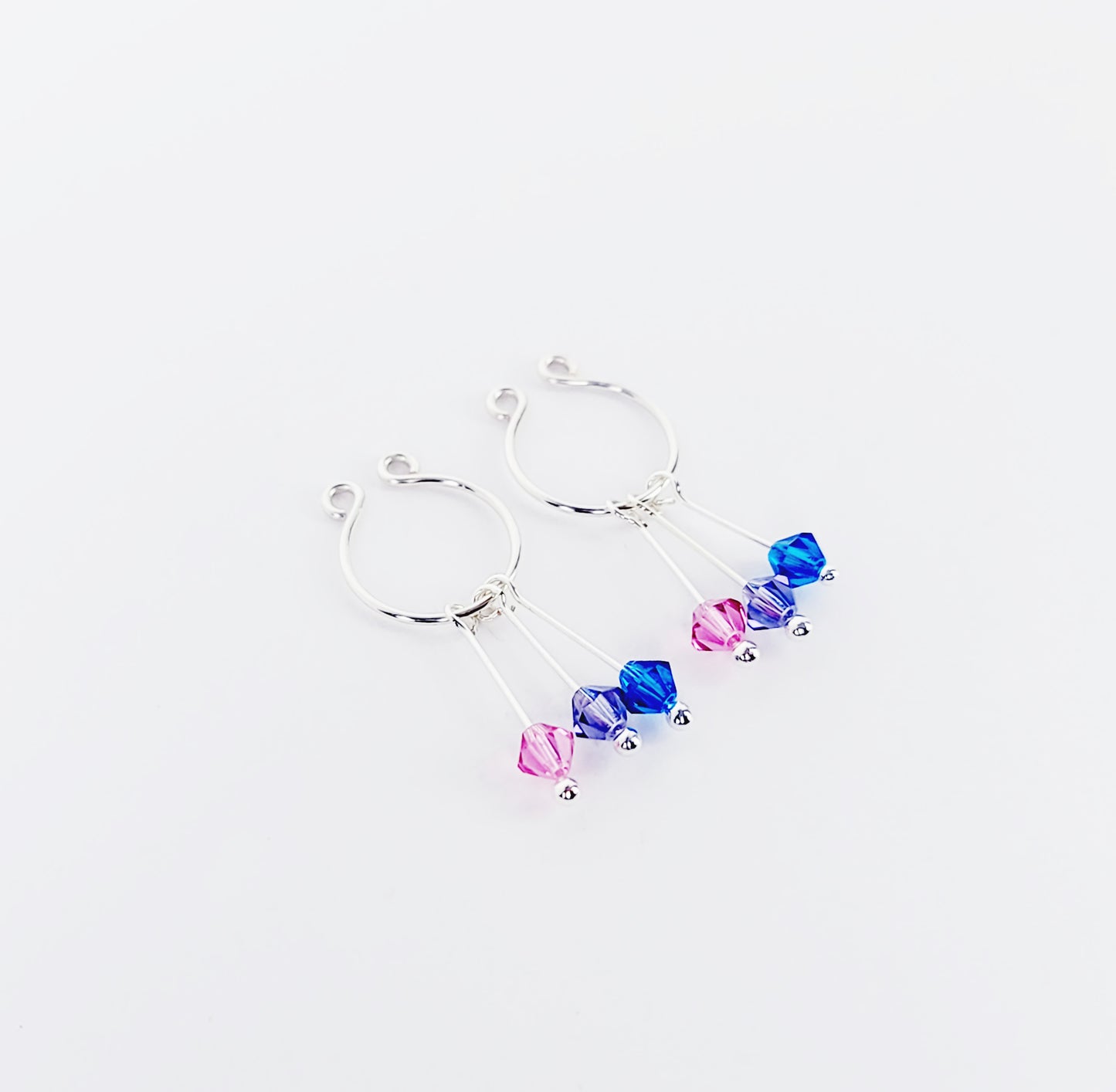 Bisexual Pride Nipple Rings, Not Pierced. Non-Piercing Nipple Rings with Dangling Pink, Purple, and Blue Crystals.