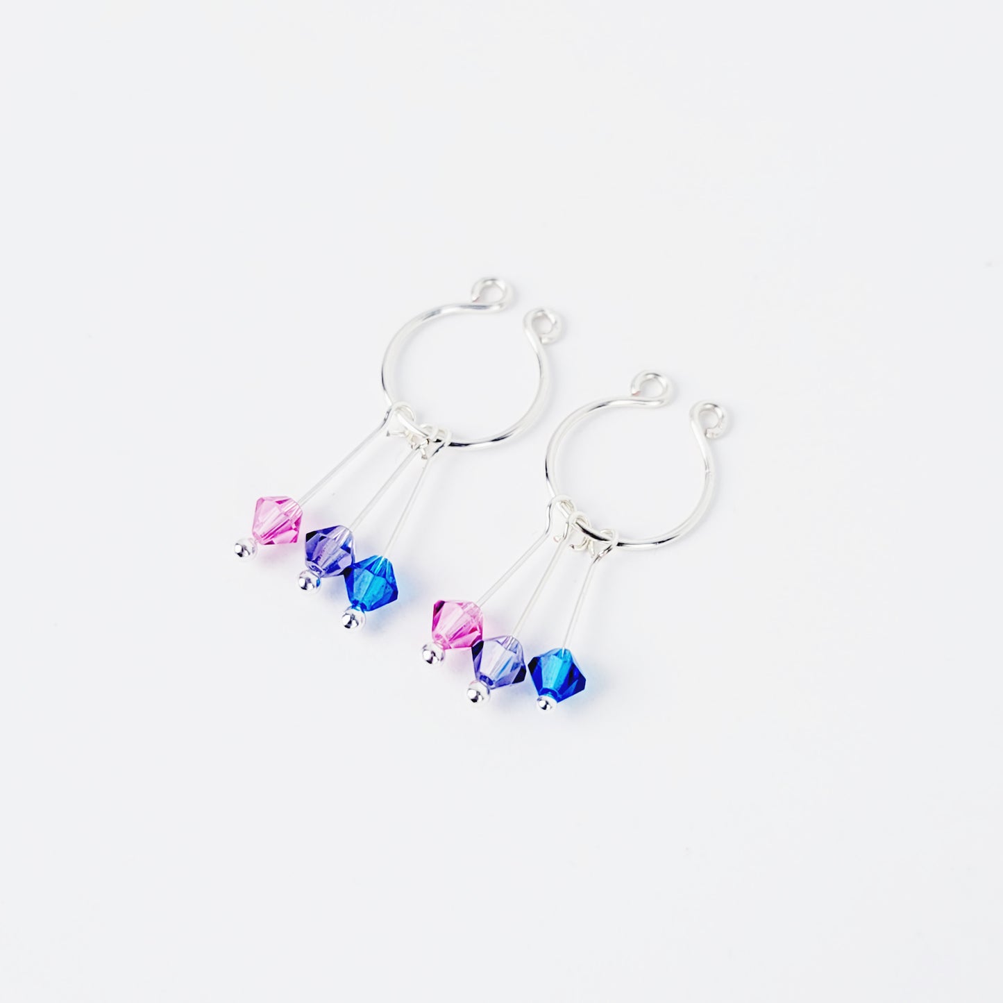 Bisexual Pride Nipple Rings, Not Pierced. Non-Piercing Nipple Rings with Dangling Pink, Purple, and Blue Crystals.