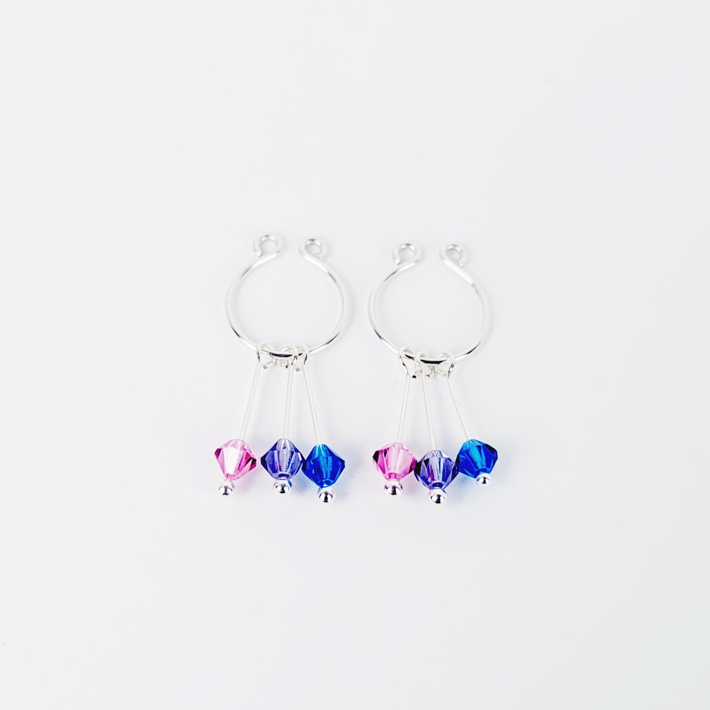 Bisexual Pride Nipple Rings, Not Pierced. Non-Piercing Nipple Rings with Dangling Pink, Purple, and Blue Crystals.