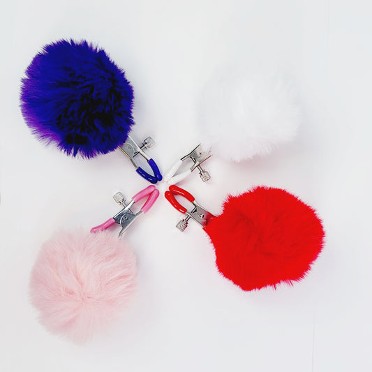 Adjustable Clamps with Soft Puff Balls in Red, Purple, White or Pink